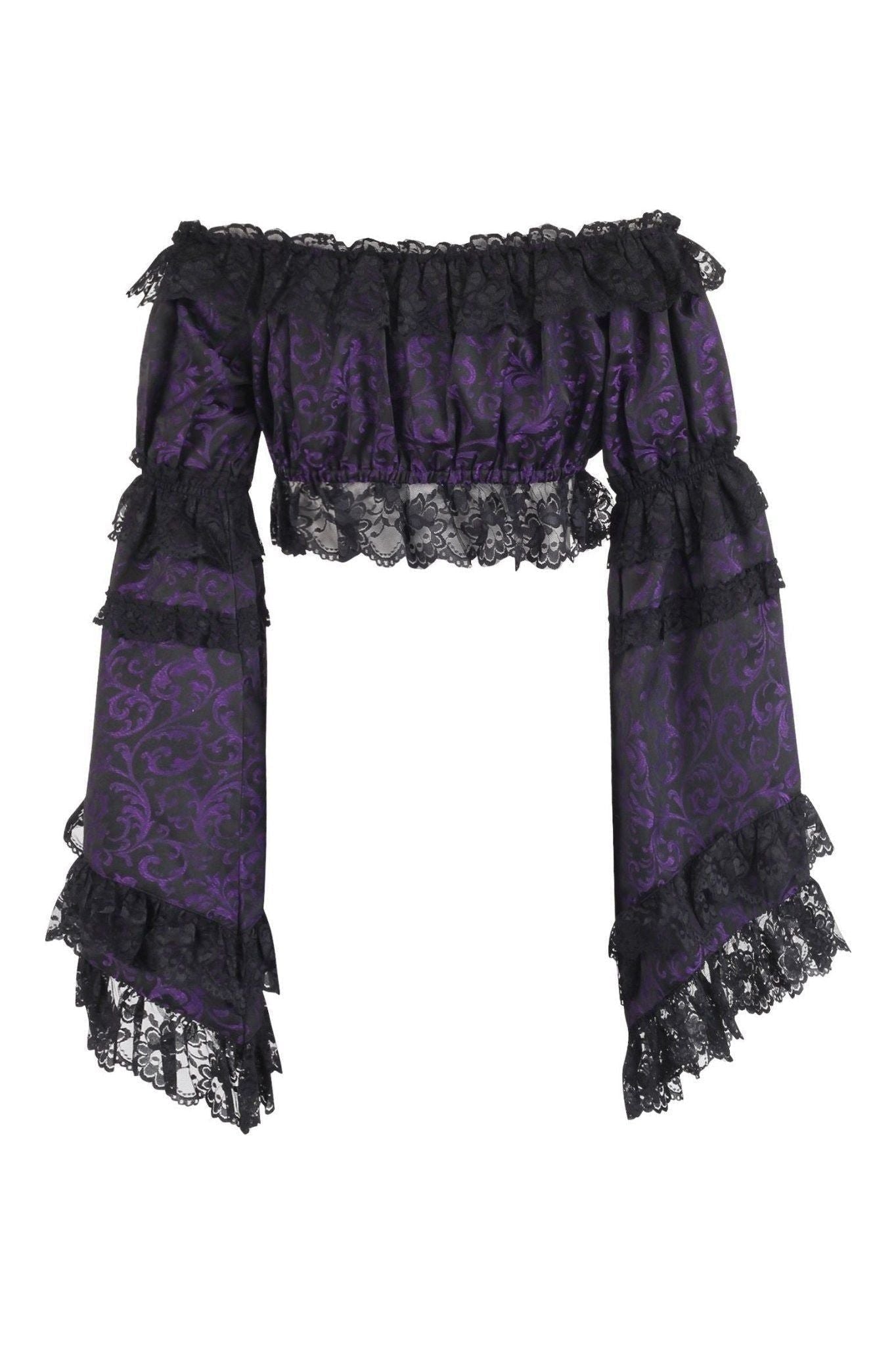Purple/Black Brocade Smocked Flare Sleeve Peasant Top