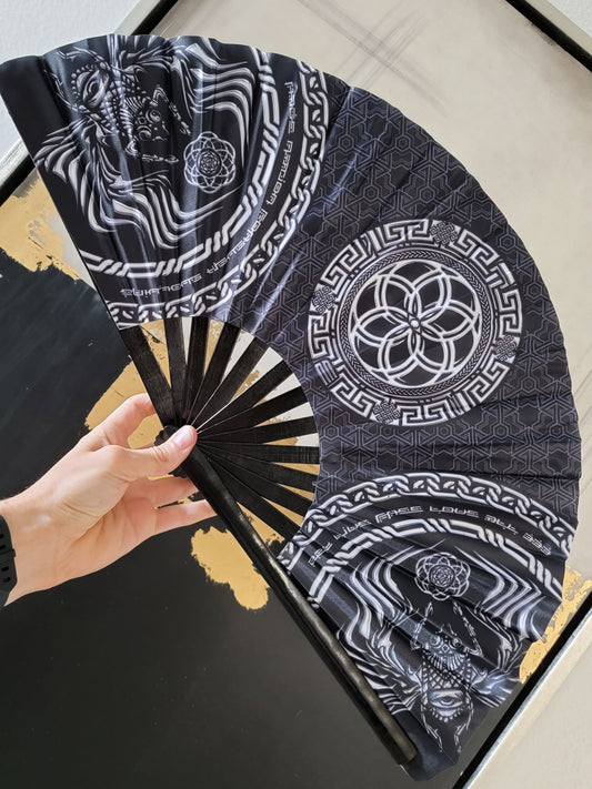 FOREVER EVOLVING SCARAB • BLACK/WHITE • Double-sided XL Bamboo Folding Fan - Concordia Style Boutique