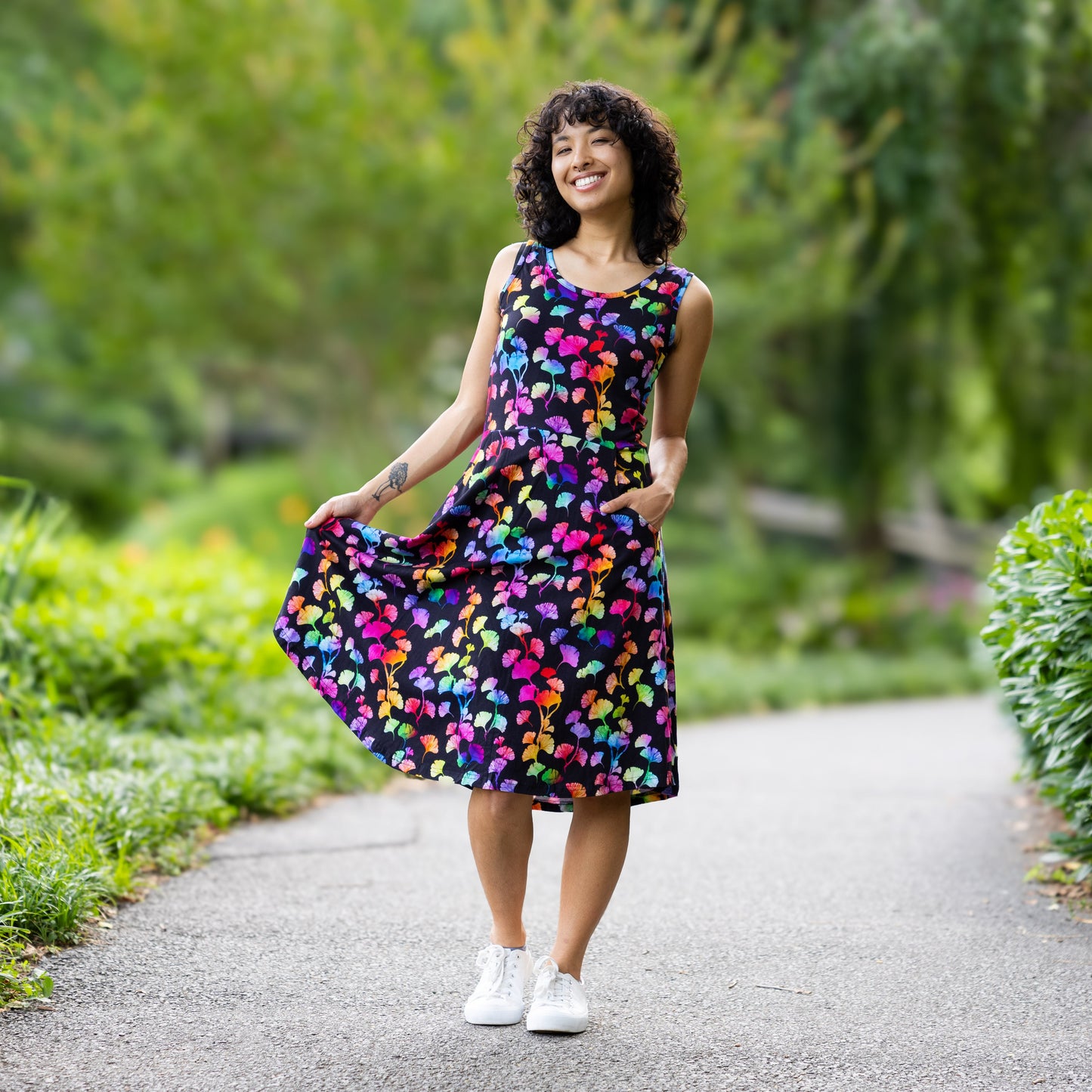 Rainbow Ginkgo Leaves Sleeveless Fit & Flare Dress