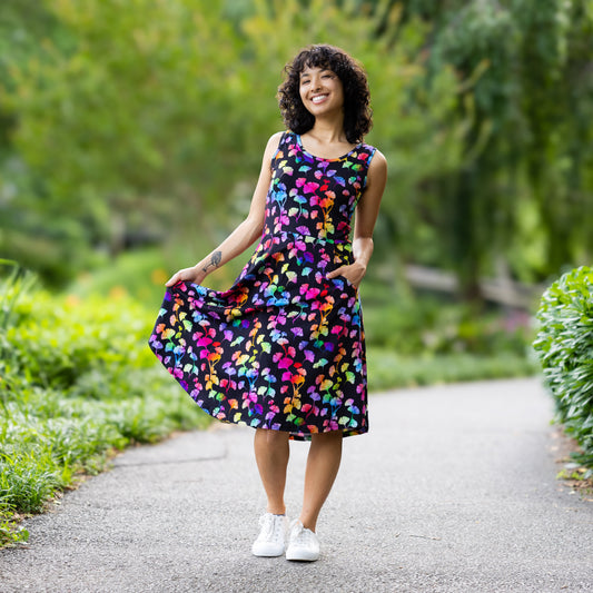 Rainbow Ginkgo Leaves Sleeveless Fit & Flare Dress