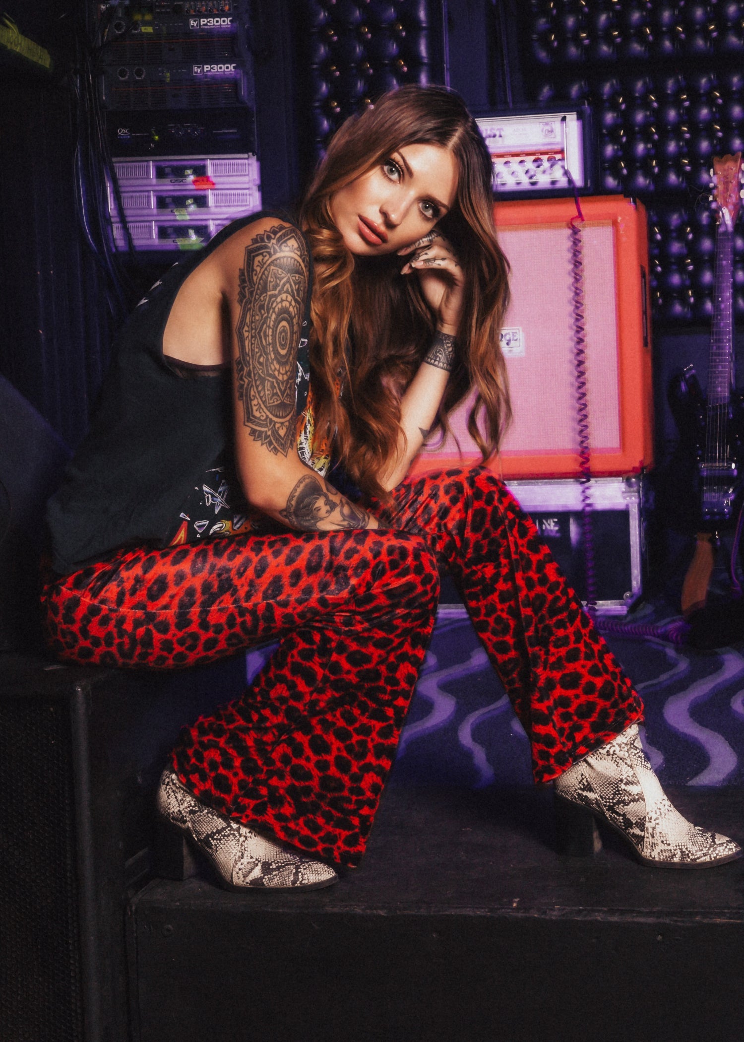 Rock Steady Red Leopard Animal Print Velvet Flare Pants Bell Bottoms - Concordia Style Boutique