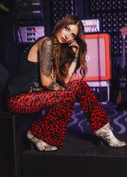 Rock Steady Red Leopard Animal Print Velvet Flare Pants Bell Bottoms - Concordia Style Boutique