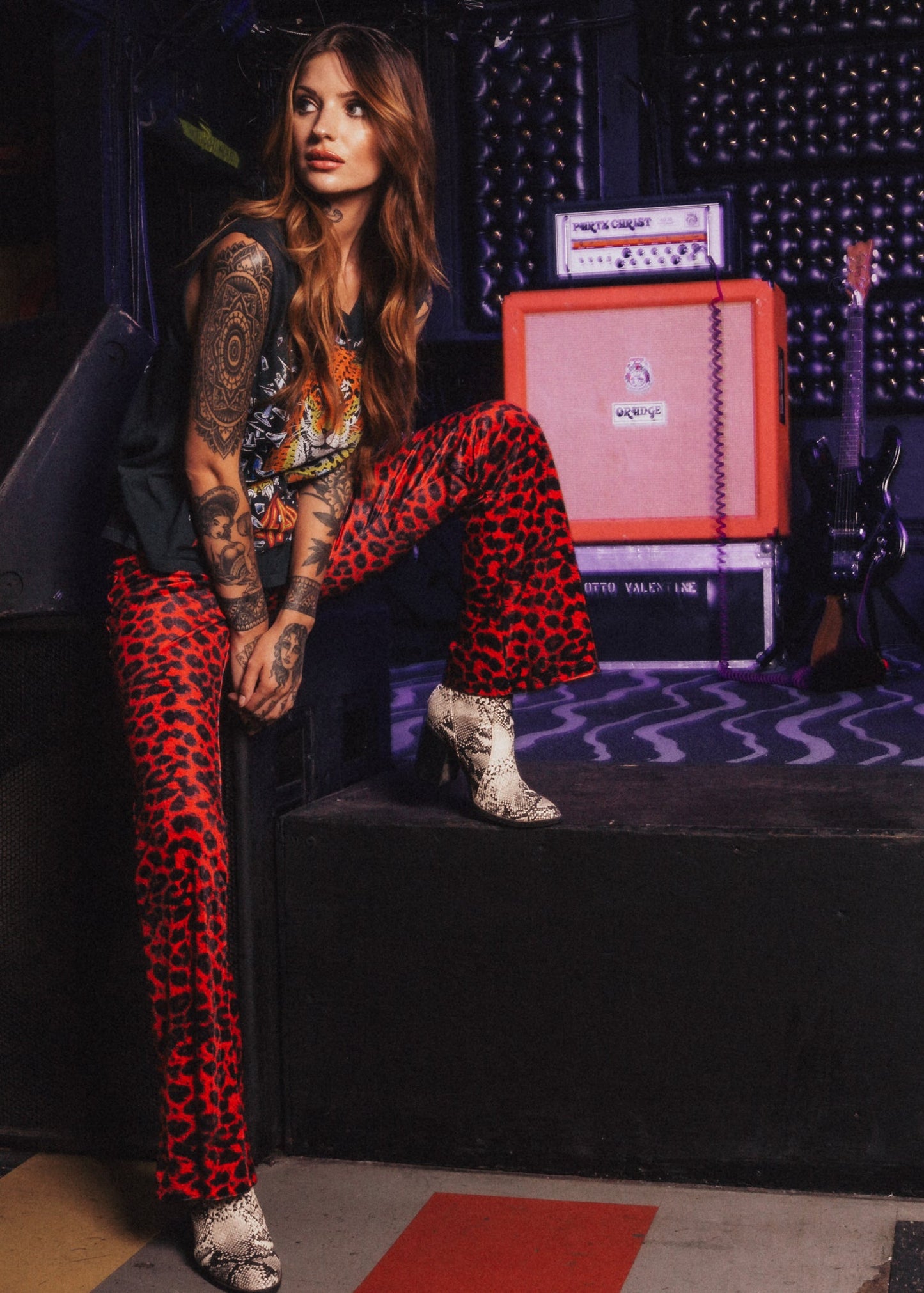 Rock Steady Red Leopard Animal Print Velvet Flare Pants Bell Bottoms - Concordia Style Boutique