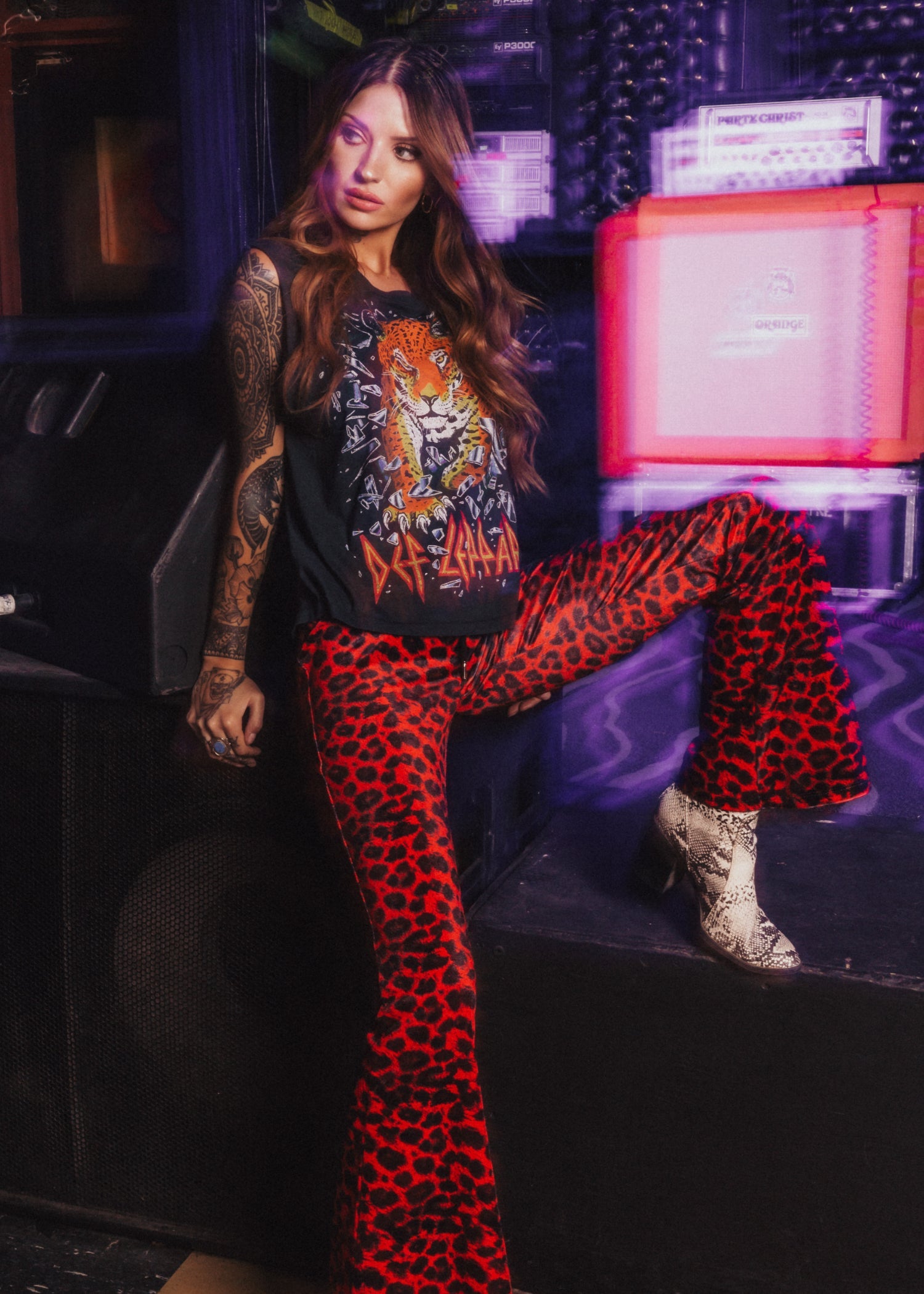Rock Steady Red Leopard Animal Print Velvet Flare Pants Bell Bottoms - Concordia Style Boutique