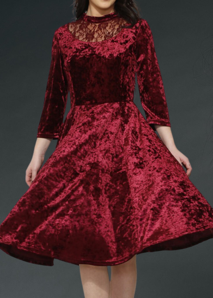 Red Velvet Gothic Dress with Lace Details - Concordia Style Boutique