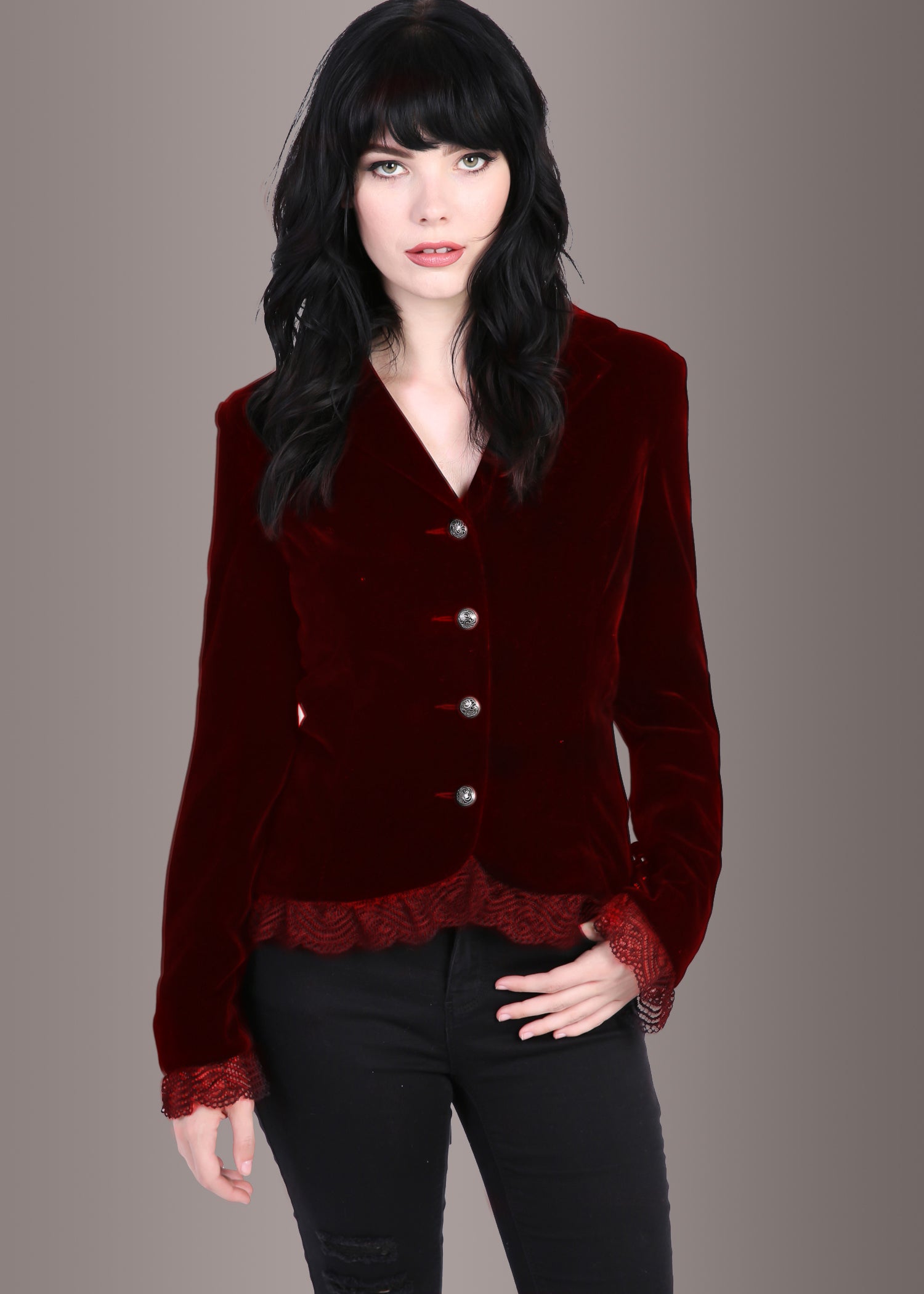Burgundy Velvet Gothic Jacket with Lace - Concordia Style Boutique