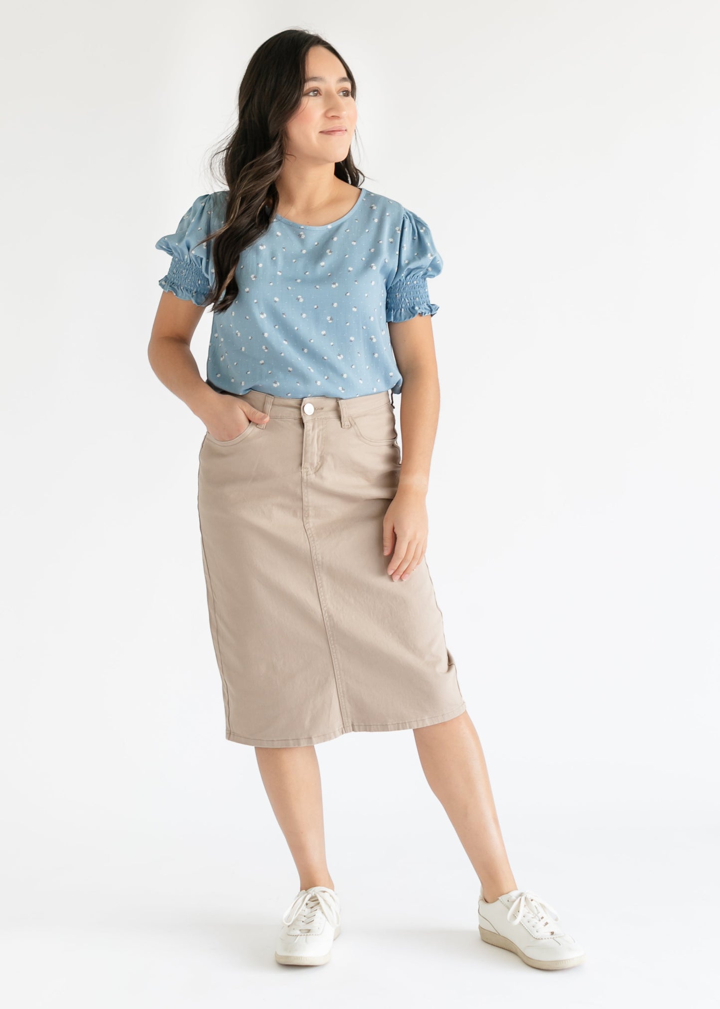 Remi Simply Taupe Denim Midi Skirt - Concordia Style Boutique