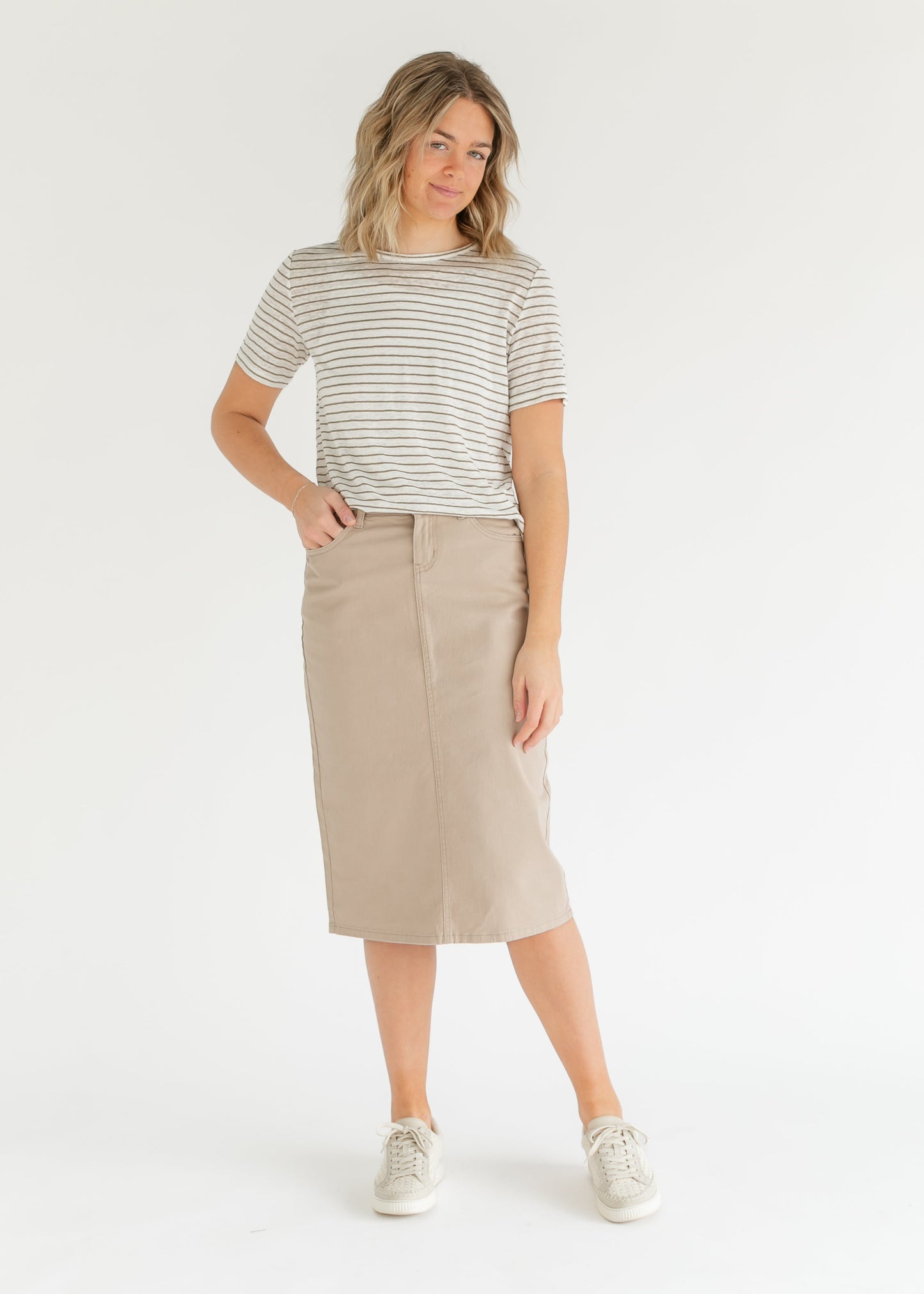 Remi Simply Taupe Denim Midi Skirt - Concordia Style Boutique