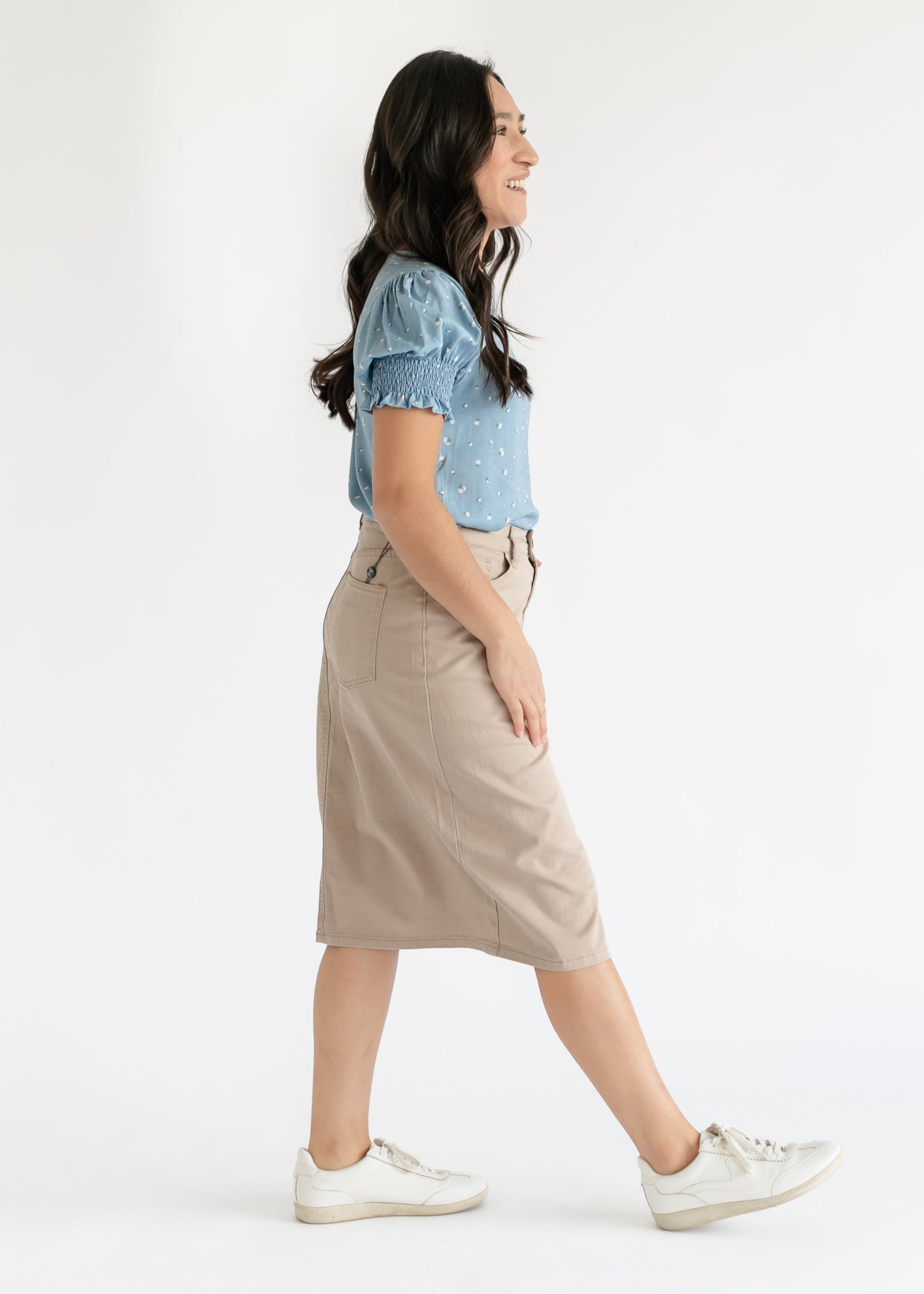 Remi Simply Taupe Denim Midi Skirt - Concordia Style Boutique