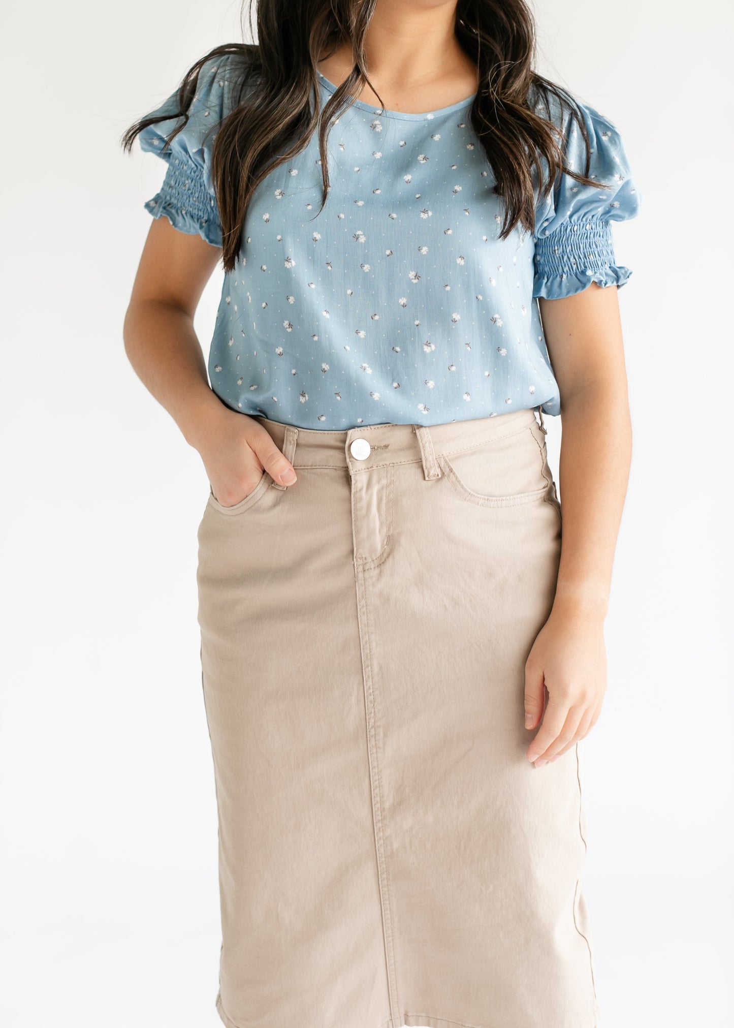 Remi Simply Taupe Denim Midi Skirt - Concordia Style Boutique