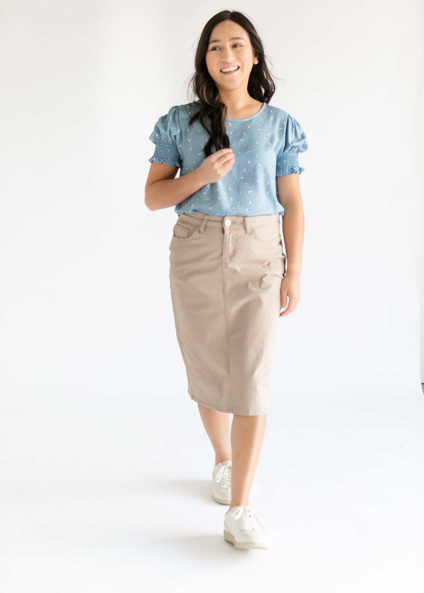 Remi Simply Taupe Denim Midi Skirt - Concordia Style Boutique