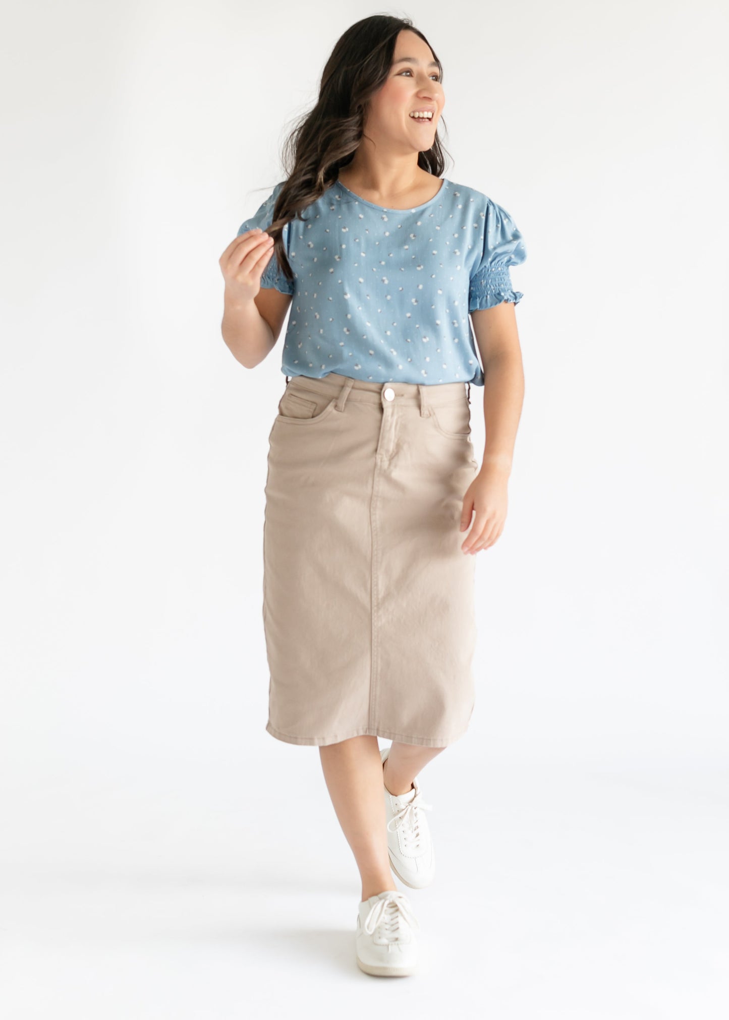 Remi Simply Taupe Denim Midi Skirt - Concordia Style Boutique