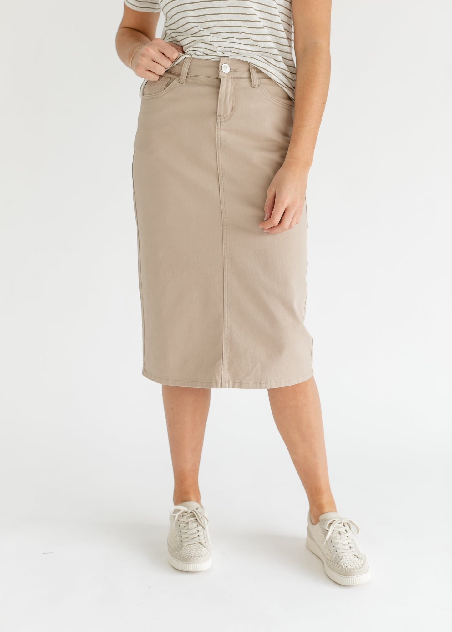Remi Simply Taupe Denim Midi Skirt - Concordia Style Boutique