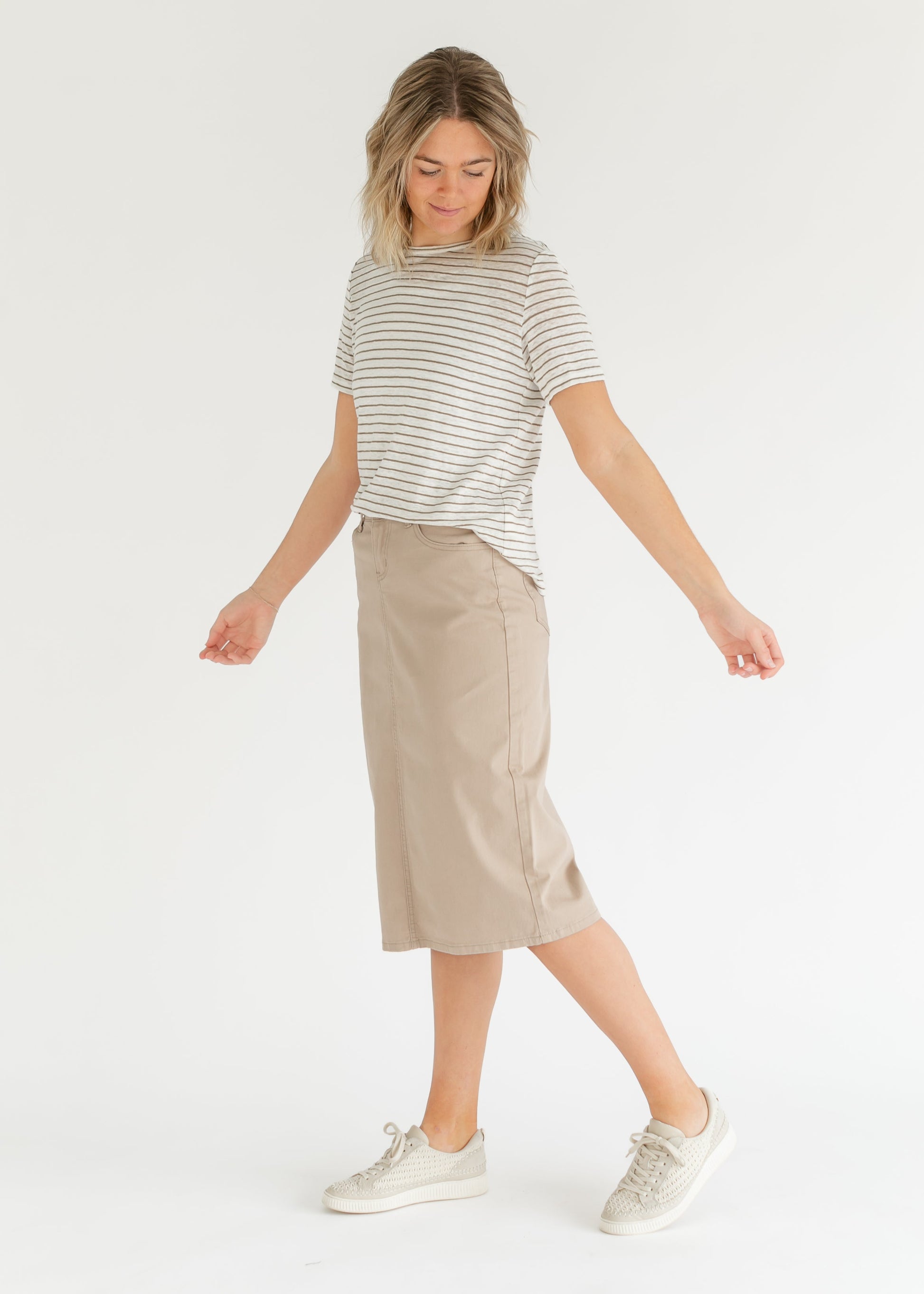 Remi Simply Taupe Denim Midi Skirt - Concordia Style Boutique