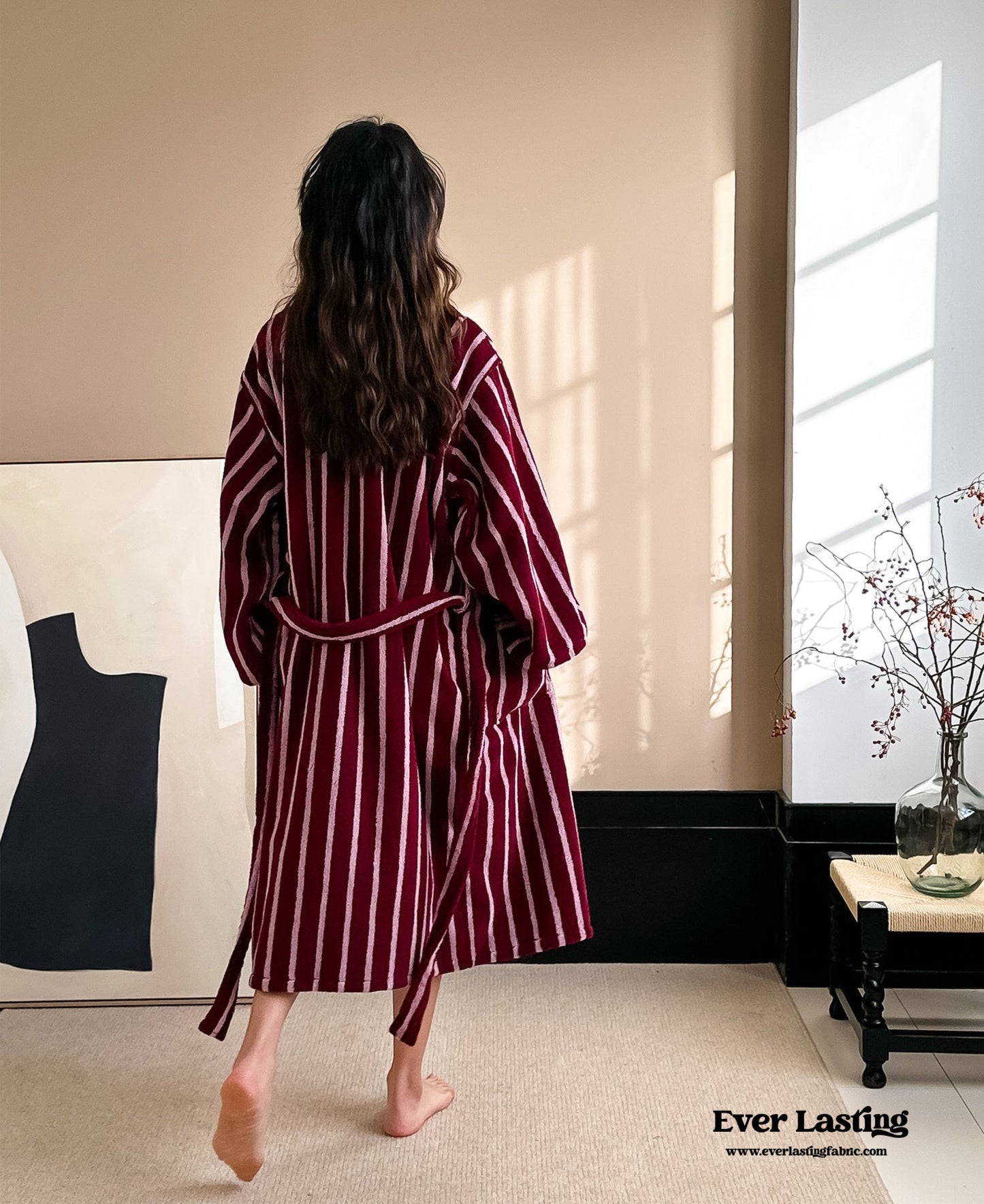 Retro Minimalist Striped Bathrobe Set / Green