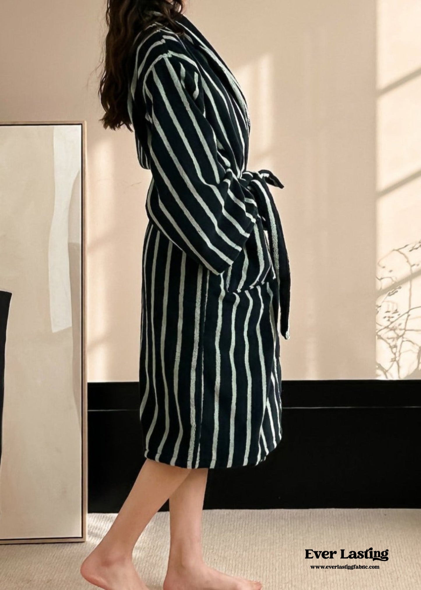 Retro Minimalist Striped Bathrobe Set / Green