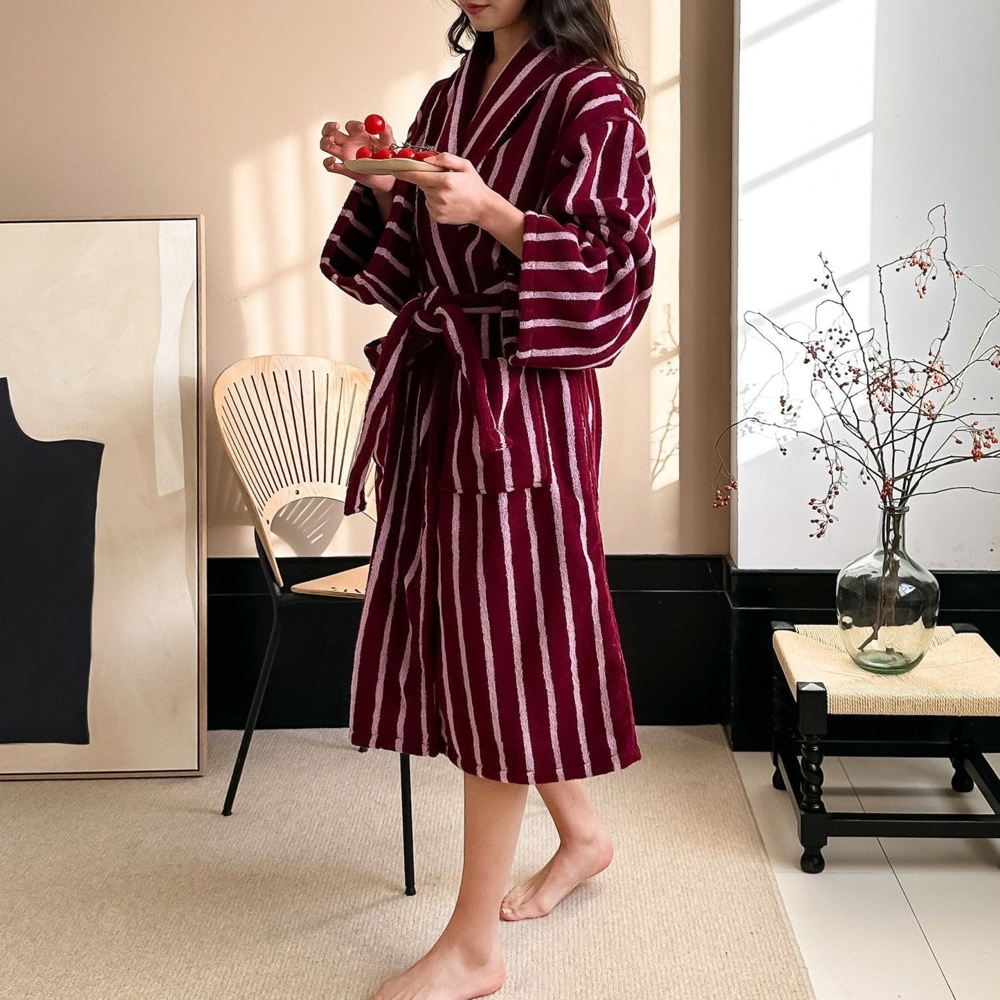Retro Minimalist Striped Bathrobe Set / Red