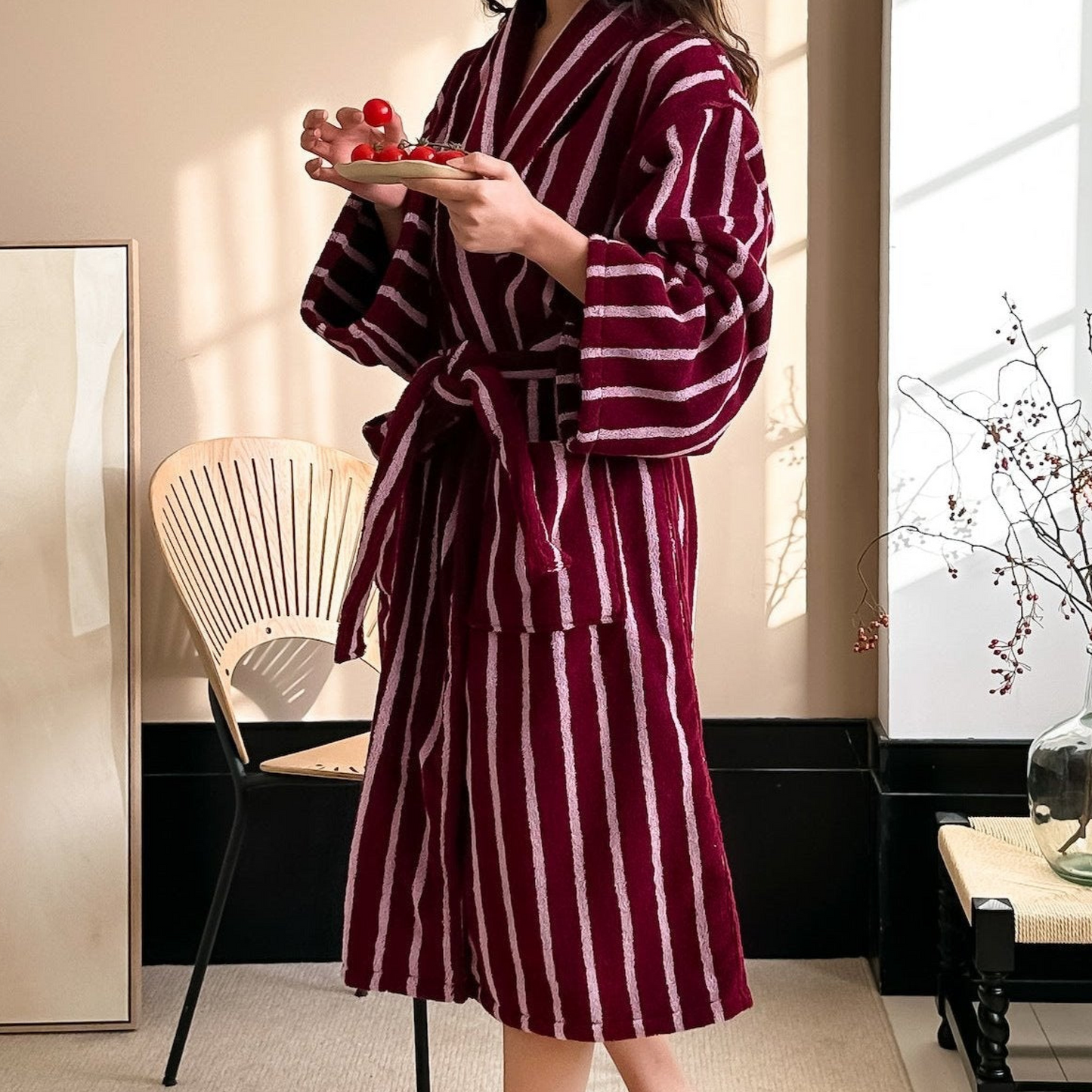 Retro Minimalist Striped Bathrobe Set / Red
