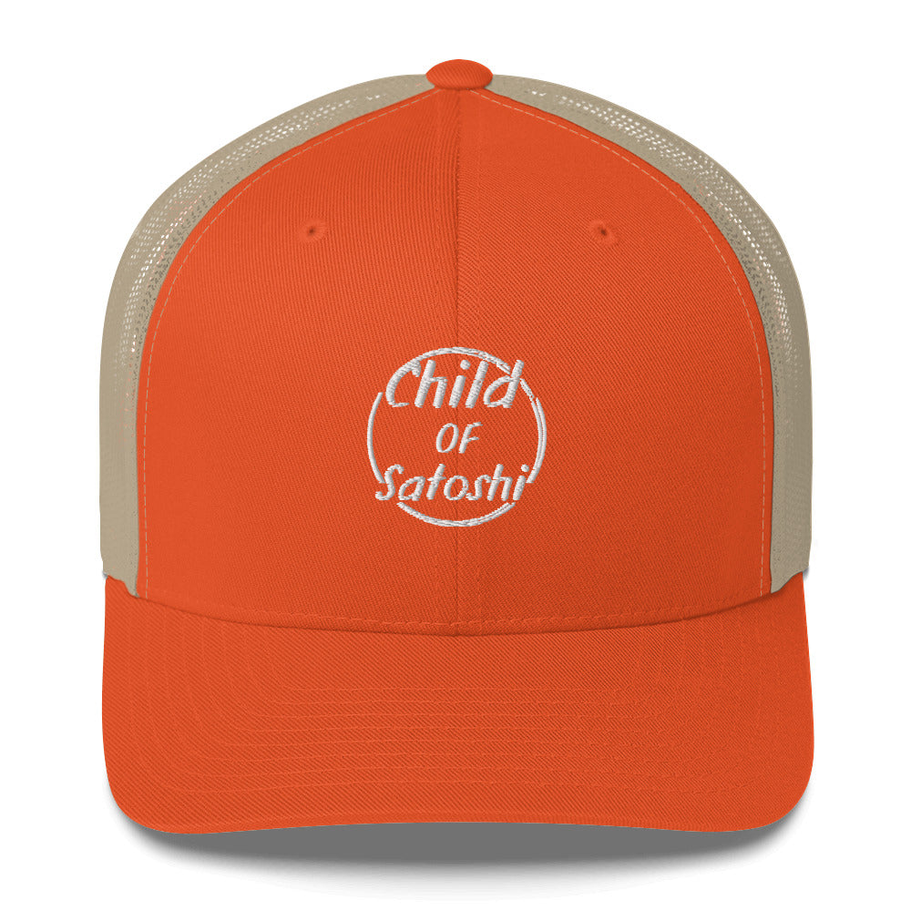 Child of Satoshi (White Embroidery) Bitcoin Trucker Hat - Concordia Style Boutique