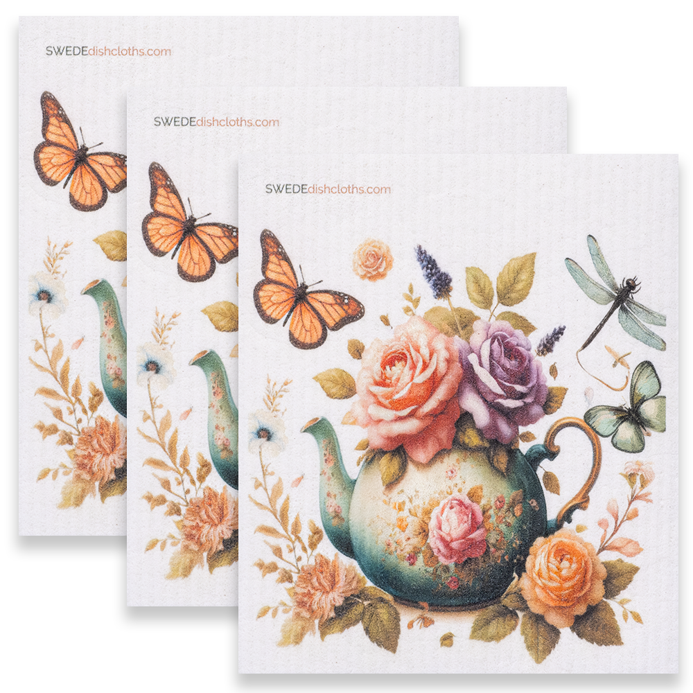 Eco-Friendly Swedish Dishcloths - Roses with Butterflies Set of 3 (Paper Towel Replacements) - Concordia Style Boutique