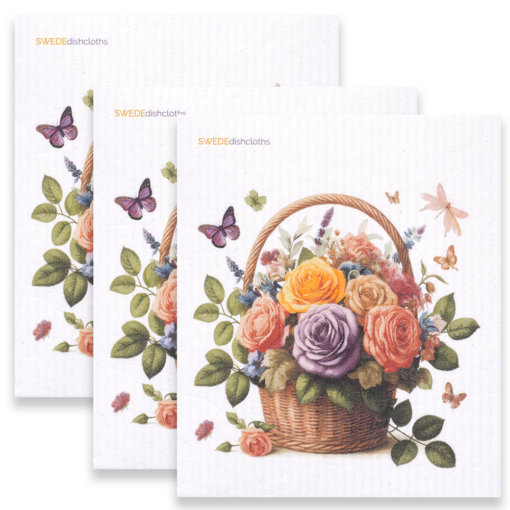 Eco-Friendly Swedish Dishcloths - Roses in Basket Set of 3 (Paper Towel Replacements) - Concordia Style Boutique