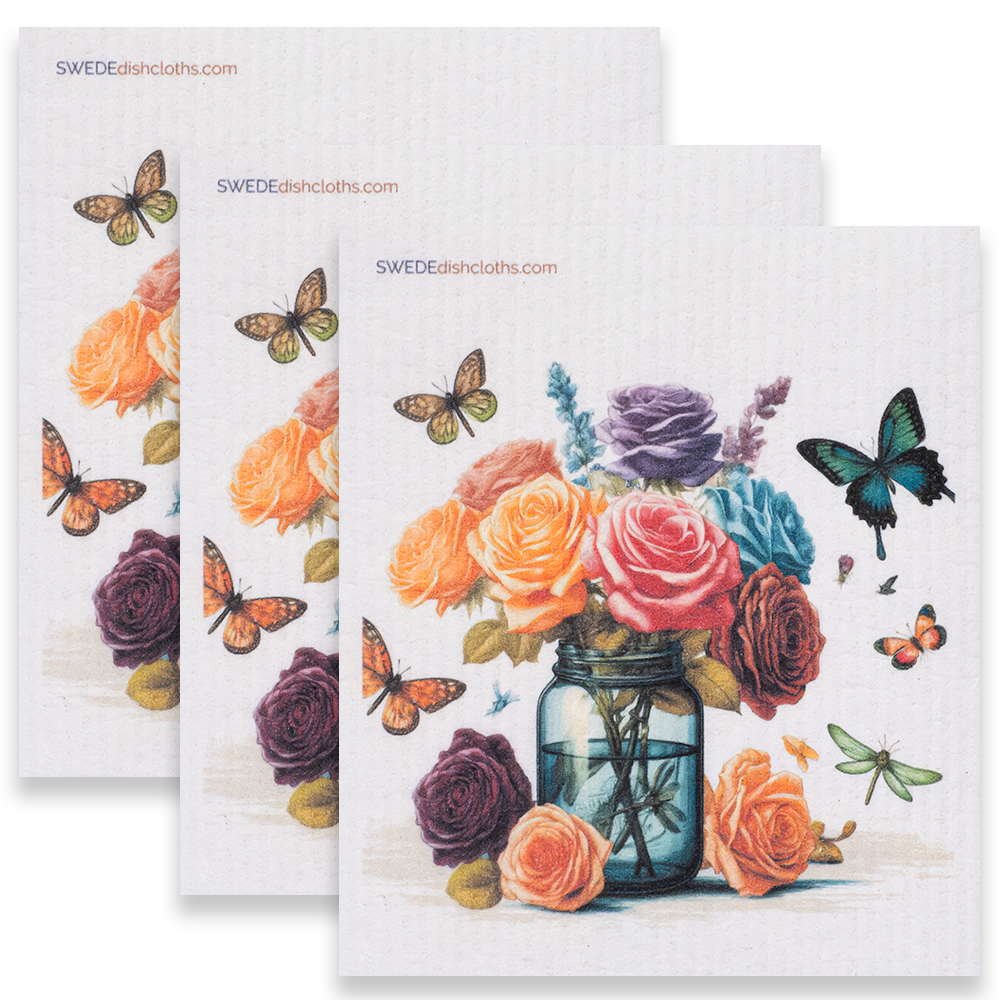 Eco-Friendly Swedish Dishcloths - Roses in Mason Jar Set of 3 (Paper Towel Replacements) - Concordia Style Boutique