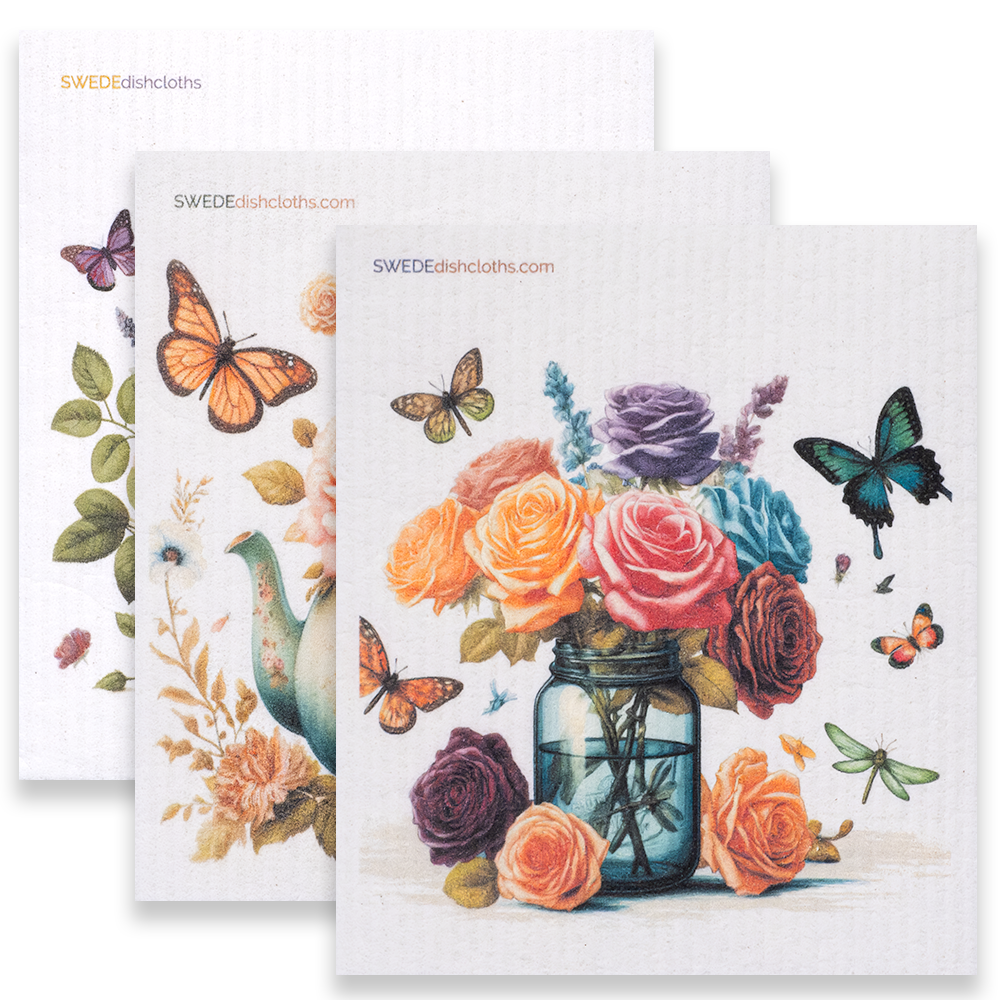 Eco-Friendly Swedish Dishcloths - Mixed Roses Set of 3 (Paper Towel Replacements, One of Each Design) - Concordia Style Boutique