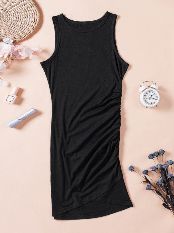 Sleeveless Solid Button Round Neck Bag Hip Dress - Concordia Style Boutique