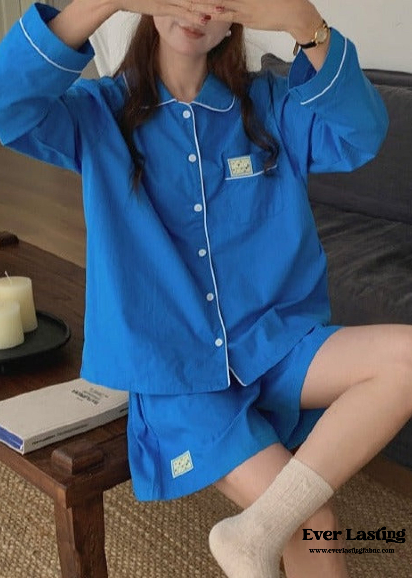 Royal Blue Long Sleeves and Shorts Pajama Set