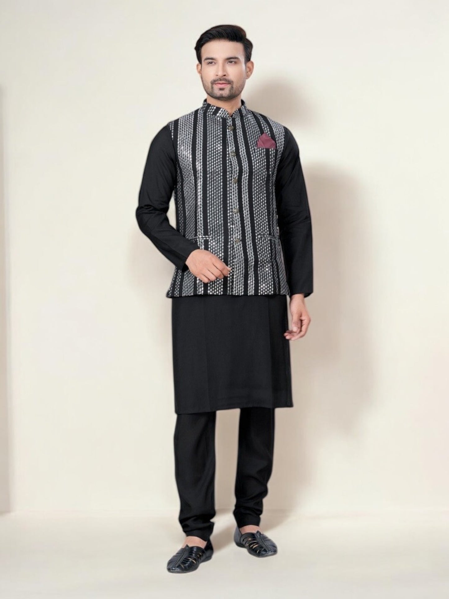 Black- Traditional Men's Kurta Pajama with Jacket– Ethnic Wear for Men-228
