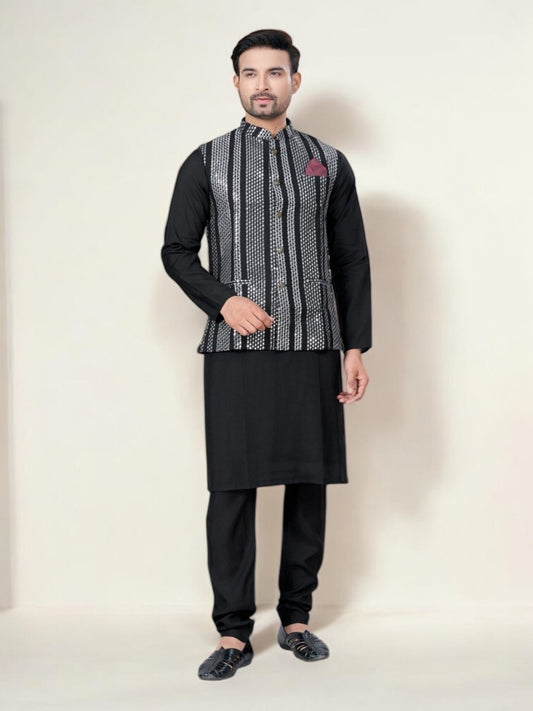 Black- Traditional Men's Kurta Pajama with Jacket– Ethnic Wear for Men-228