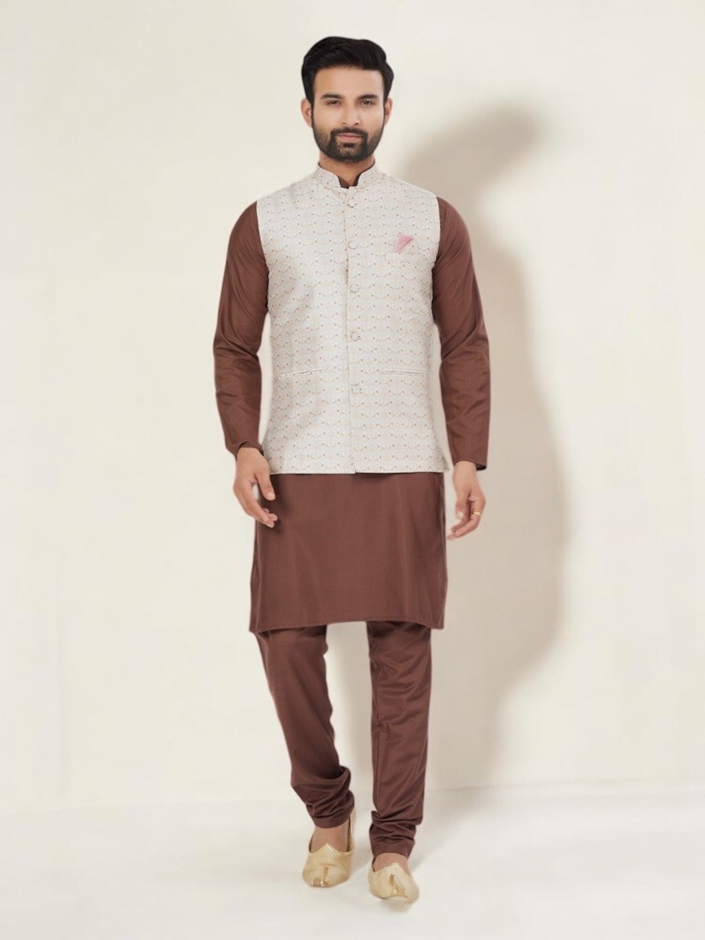 Brown Color- Traditional Men's Kurta Pajama with Jacket– Ethnic Wear for Men-232