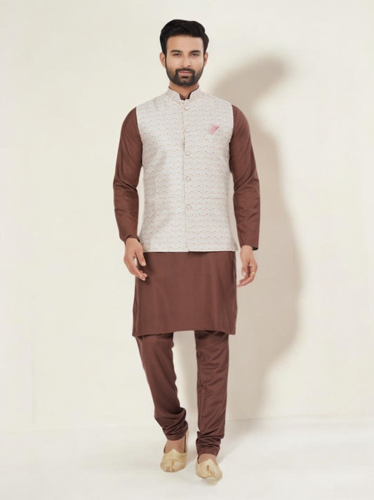 Brown Color- Traditional Men's Kurta Pajama with Jacket– Ethnic Wear for Men-232
