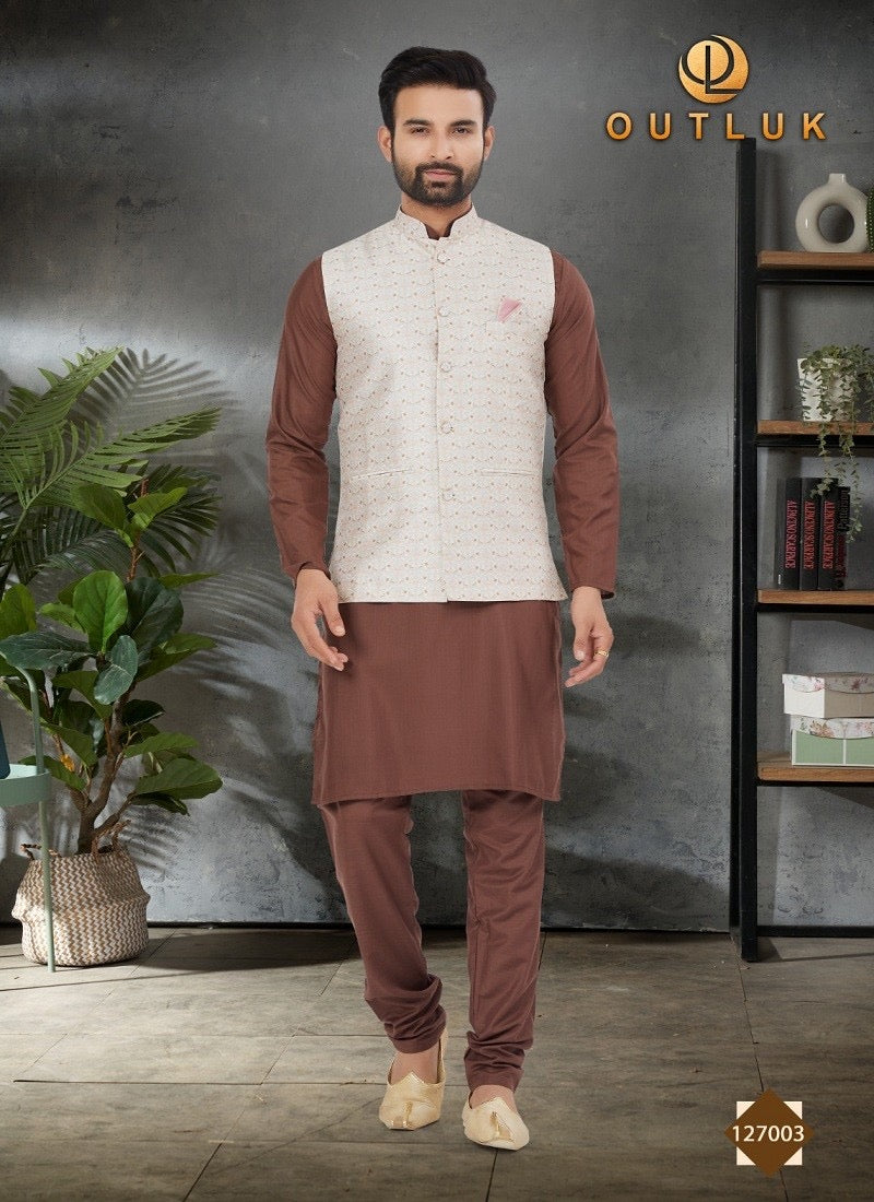 Brown Color- Traditional Men's Kurta Pajama with Jacket– Ethnic Wear for Men-232