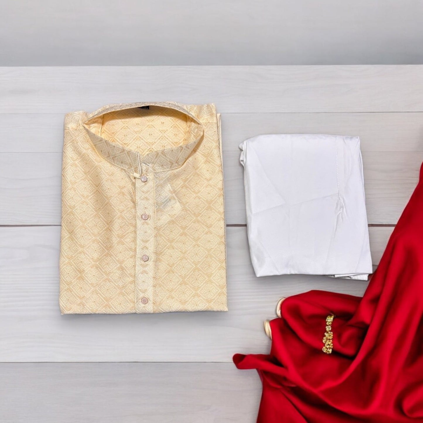 Mens Cream Color Traditional Silk Kurta Pajama- 6646