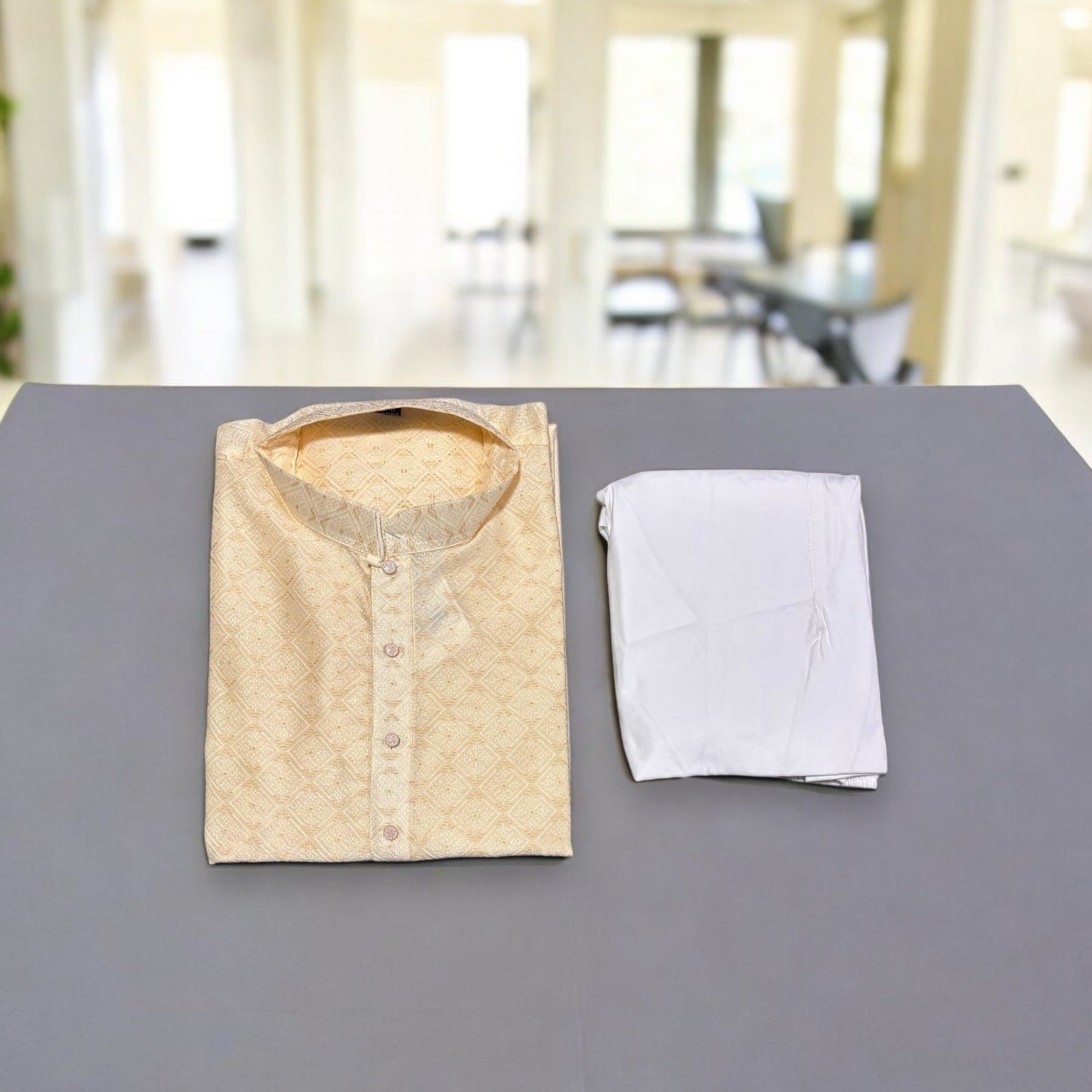 Mens Cream Color Traditional Silk Kurta Pajama- 6646