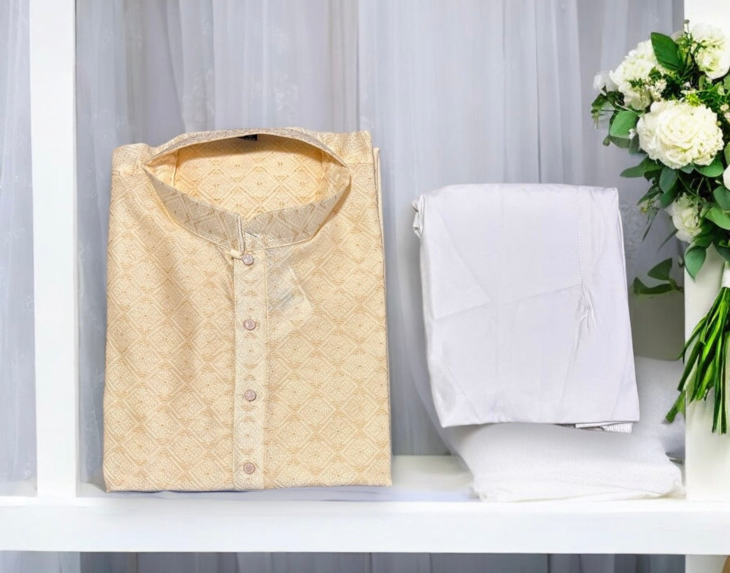 Mens Cream Color Traditional Silk Kurta Pajama- 6646