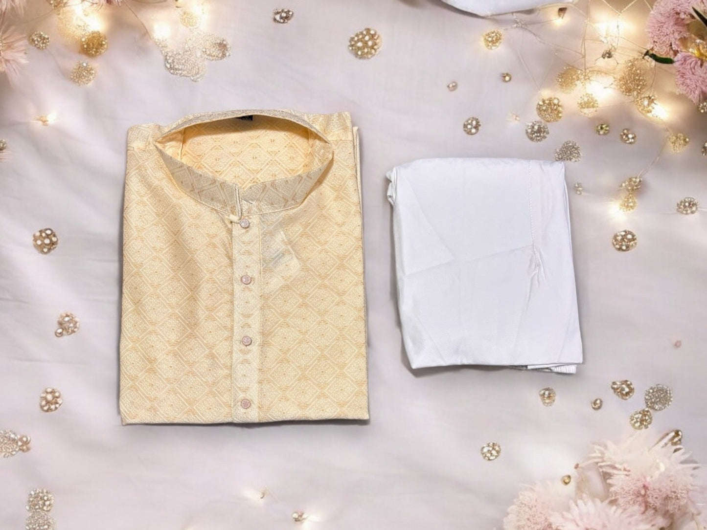 Mens Cream Color Traditional Silk Kurta Pajama- 6646