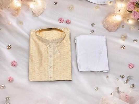 Mens Cream Color Traditional Silk Kurta Pajama- 6646