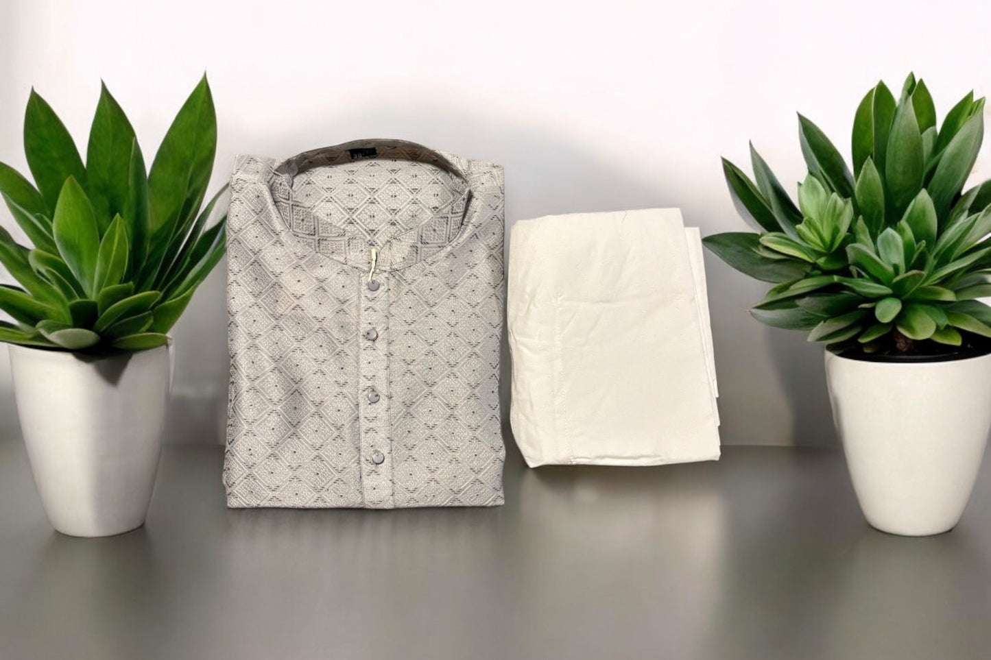 Mens Traditional Gray Silk Kurta Pajama- 6646