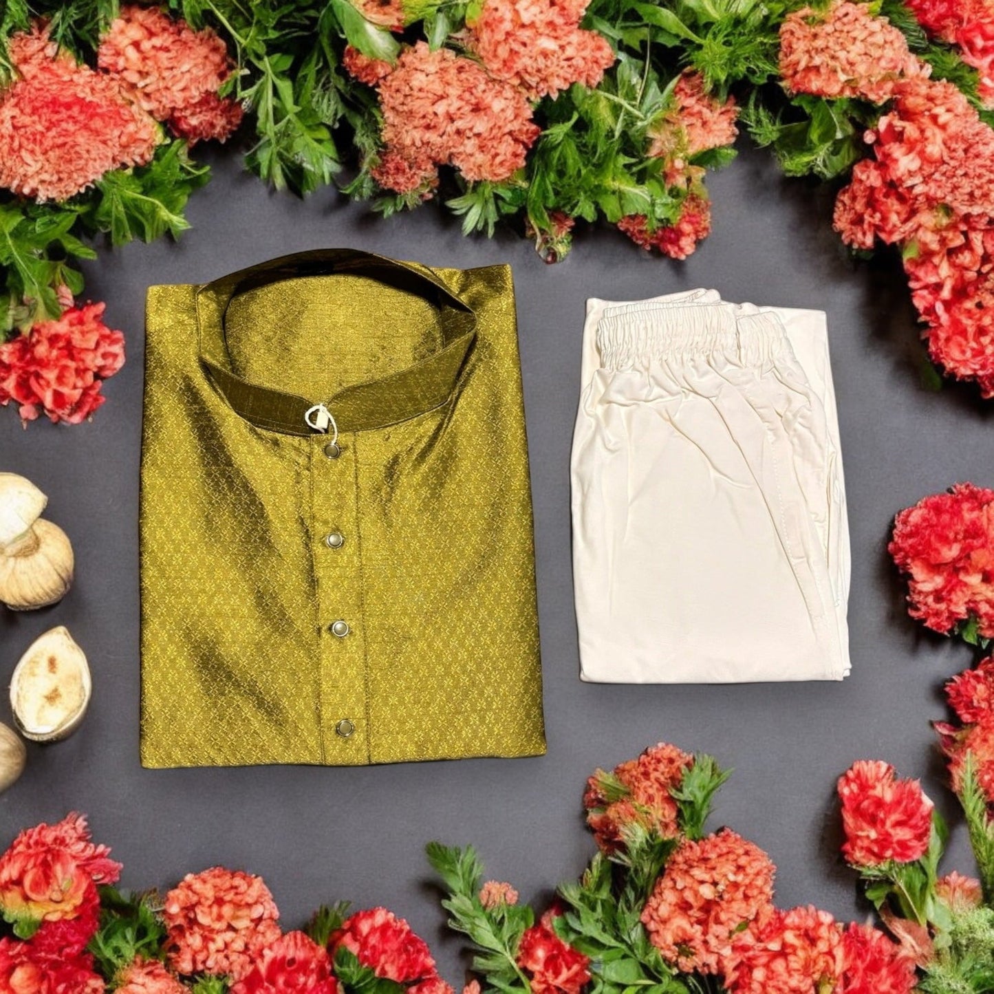 Mens Traditional Green Silk Kurta Pajama- 6550