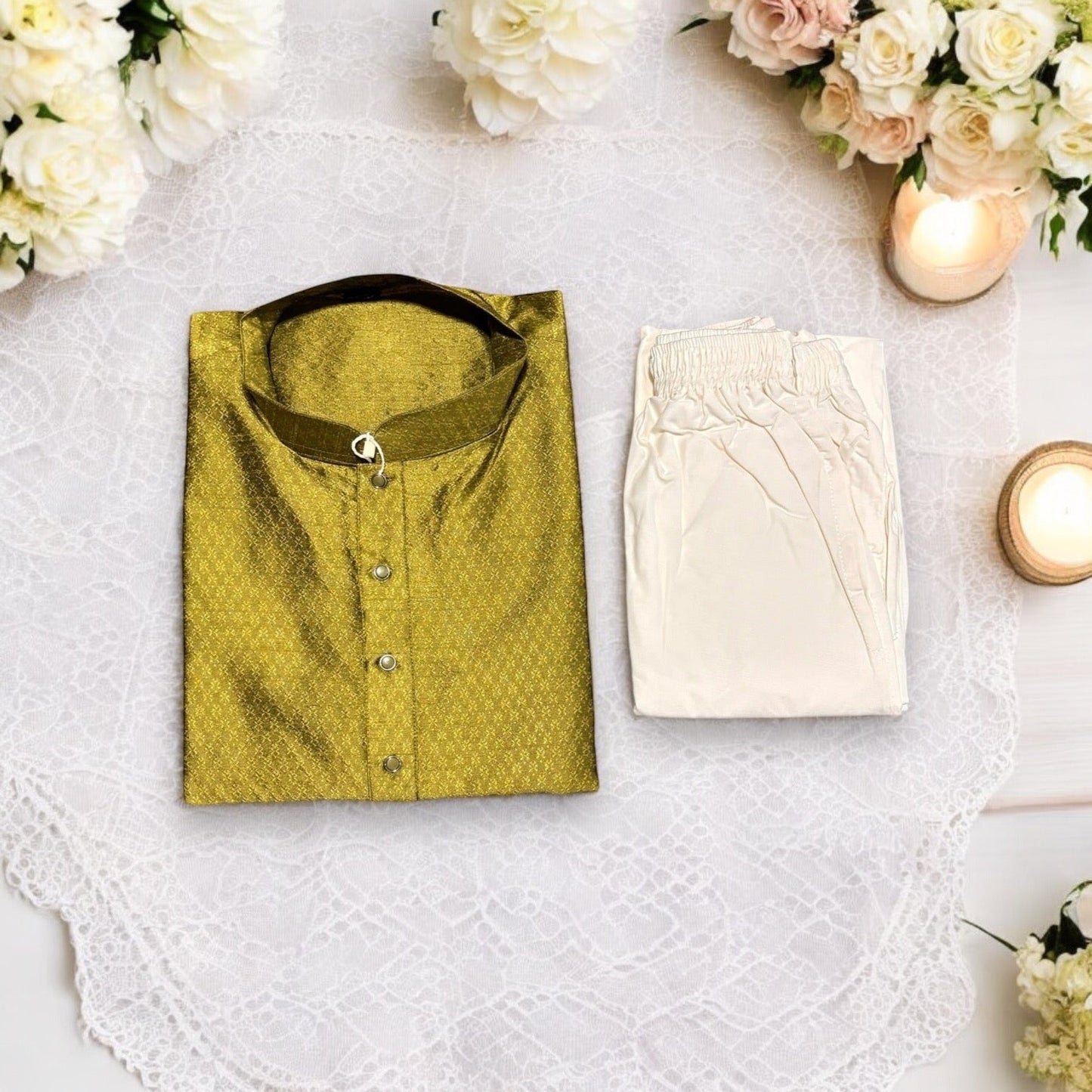 Mens Traditional Green Silk Kurta Pajama- 6550