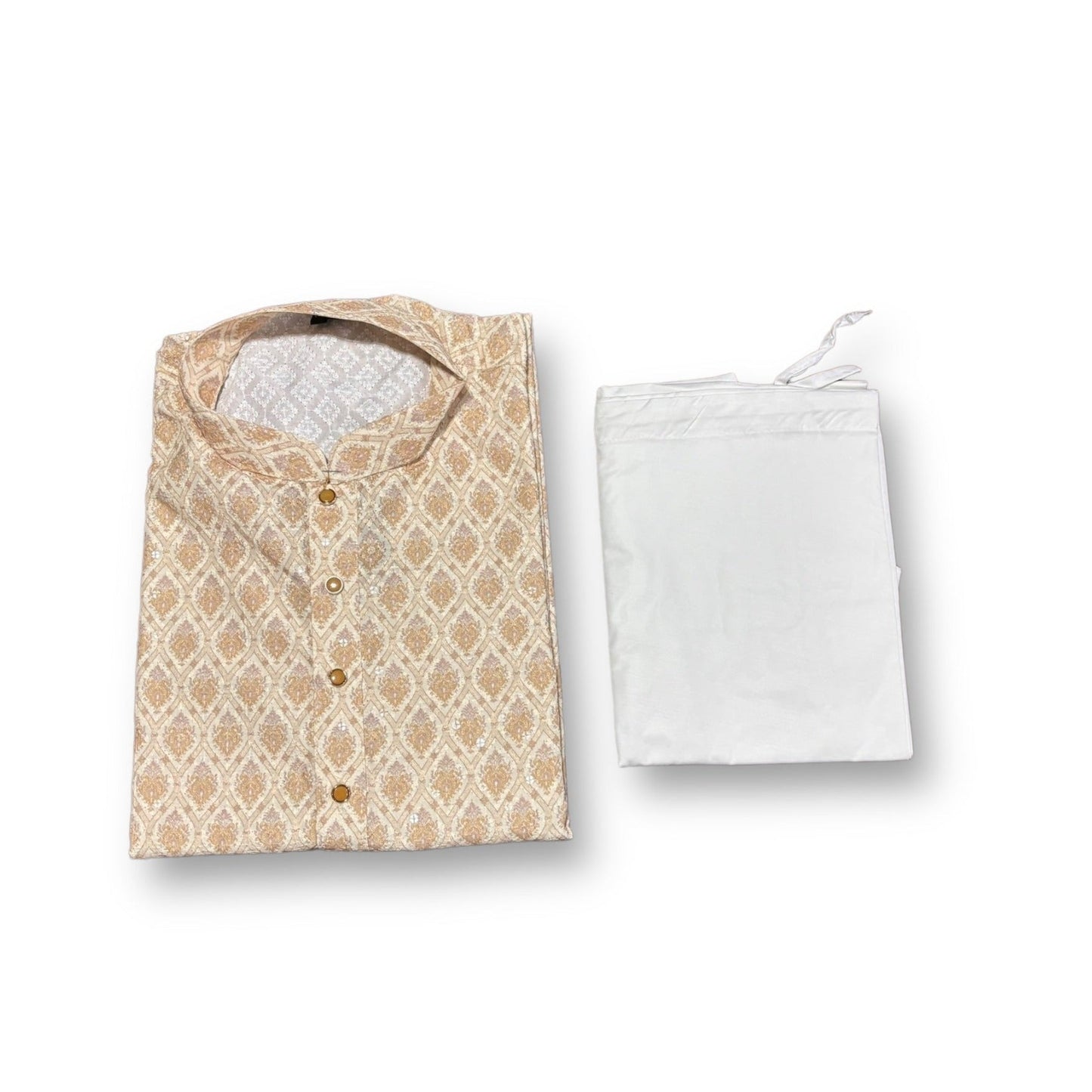 Mens Traditional Printed Work Beige Kurta Pajama- 6614