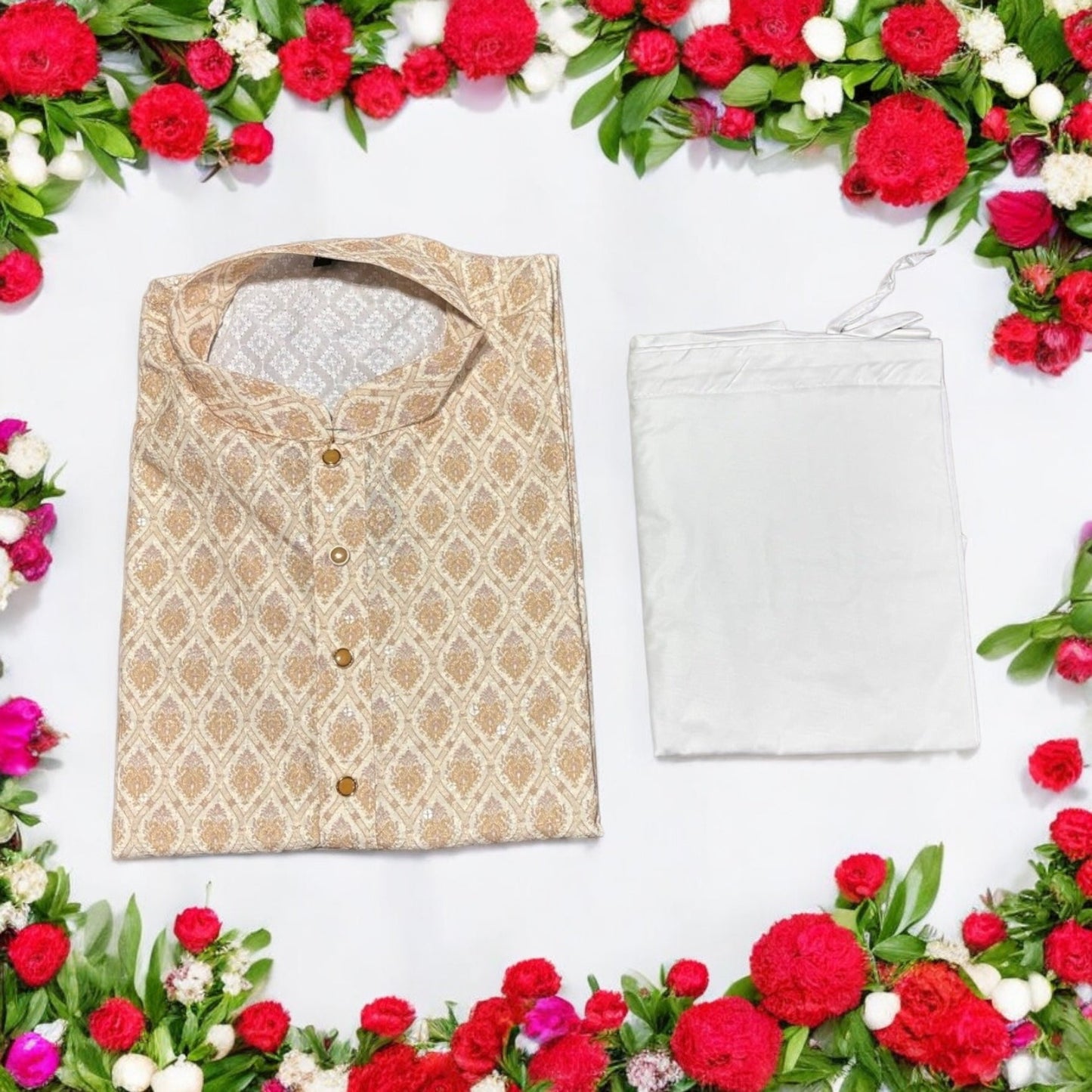 Mens Traditional Printed Work Beige Kurta Pajama- 6614