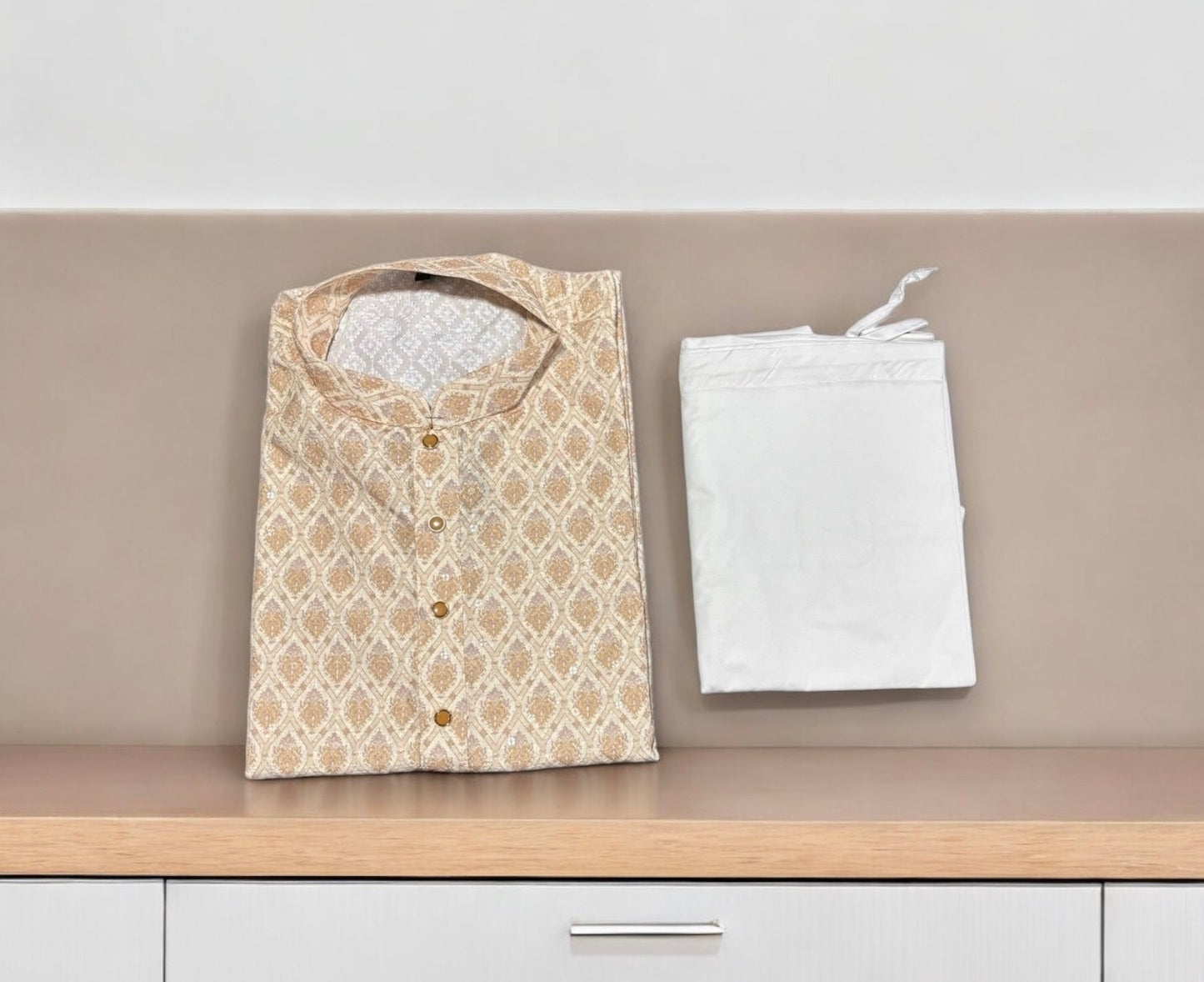 Mens Traditional Printed Work Beige Kurta Pajama- 6614