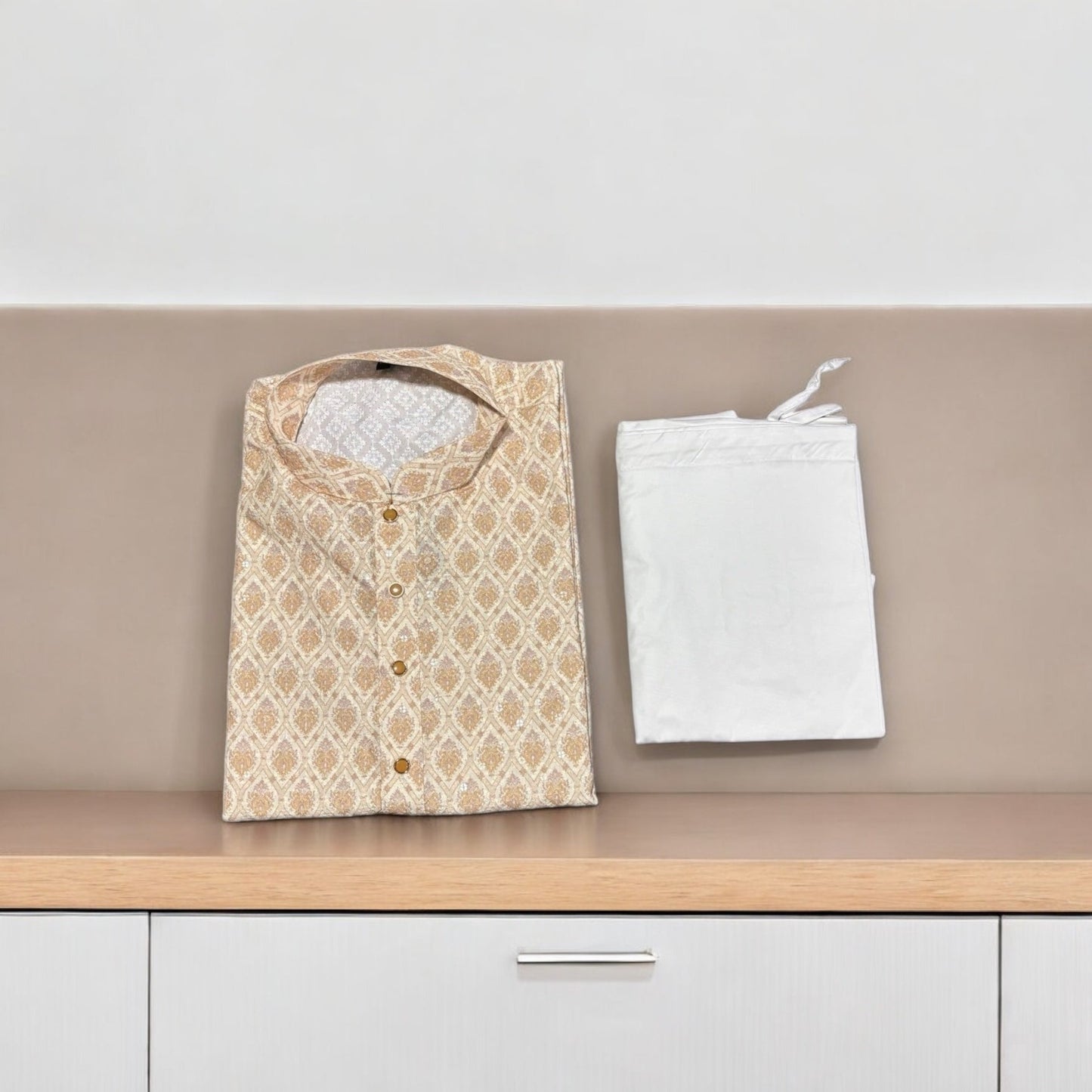 Mens Traditional Printed Work Beige Kurta Pajama- 6614