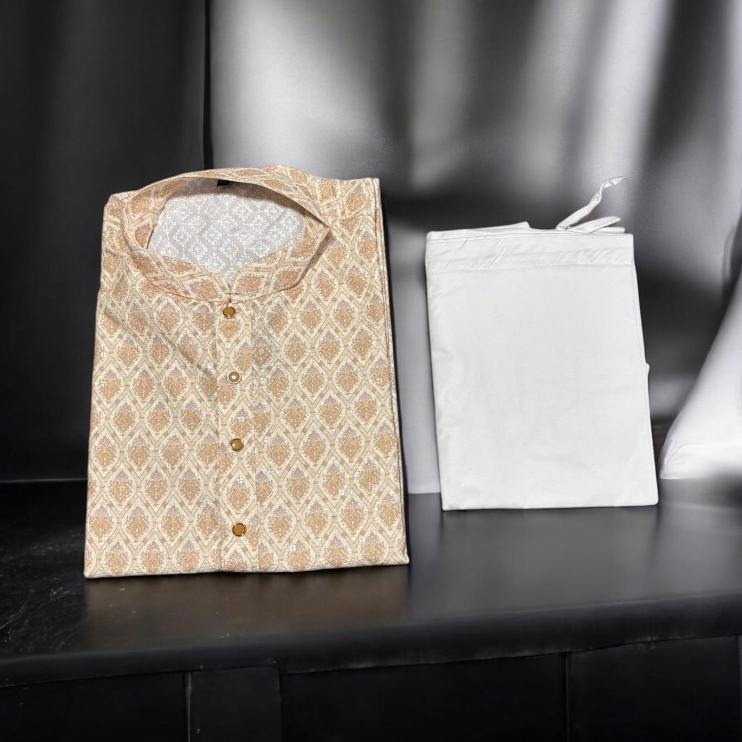 Mens Traditional Printed Work Beige Kurta Pajama- 6614