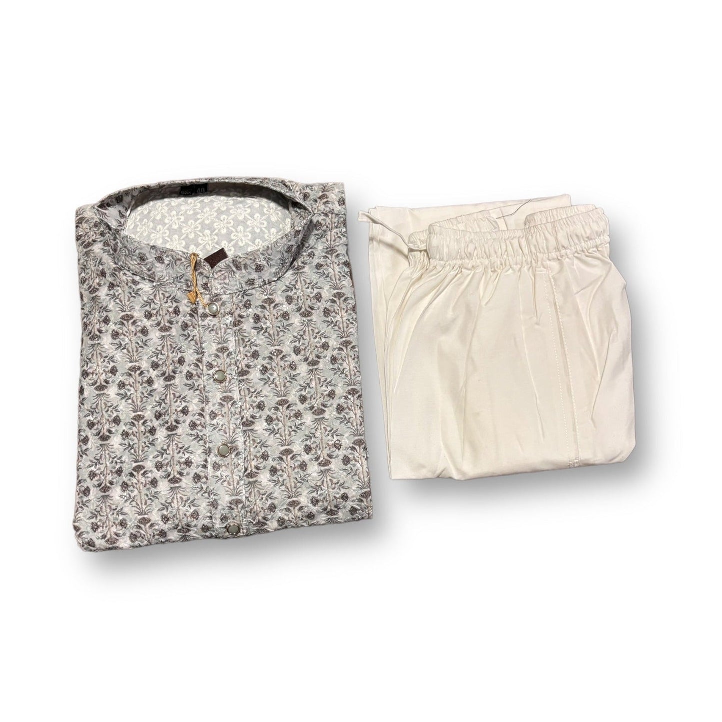 Mens Traditional Printed Work Gray Kurta Pajama- 6612