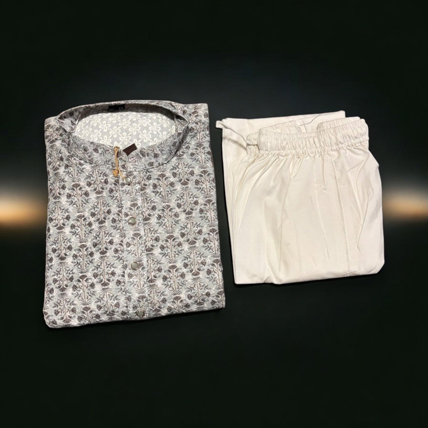 Mens Traditional Printed Work Gray Kurta Pajama- 6612