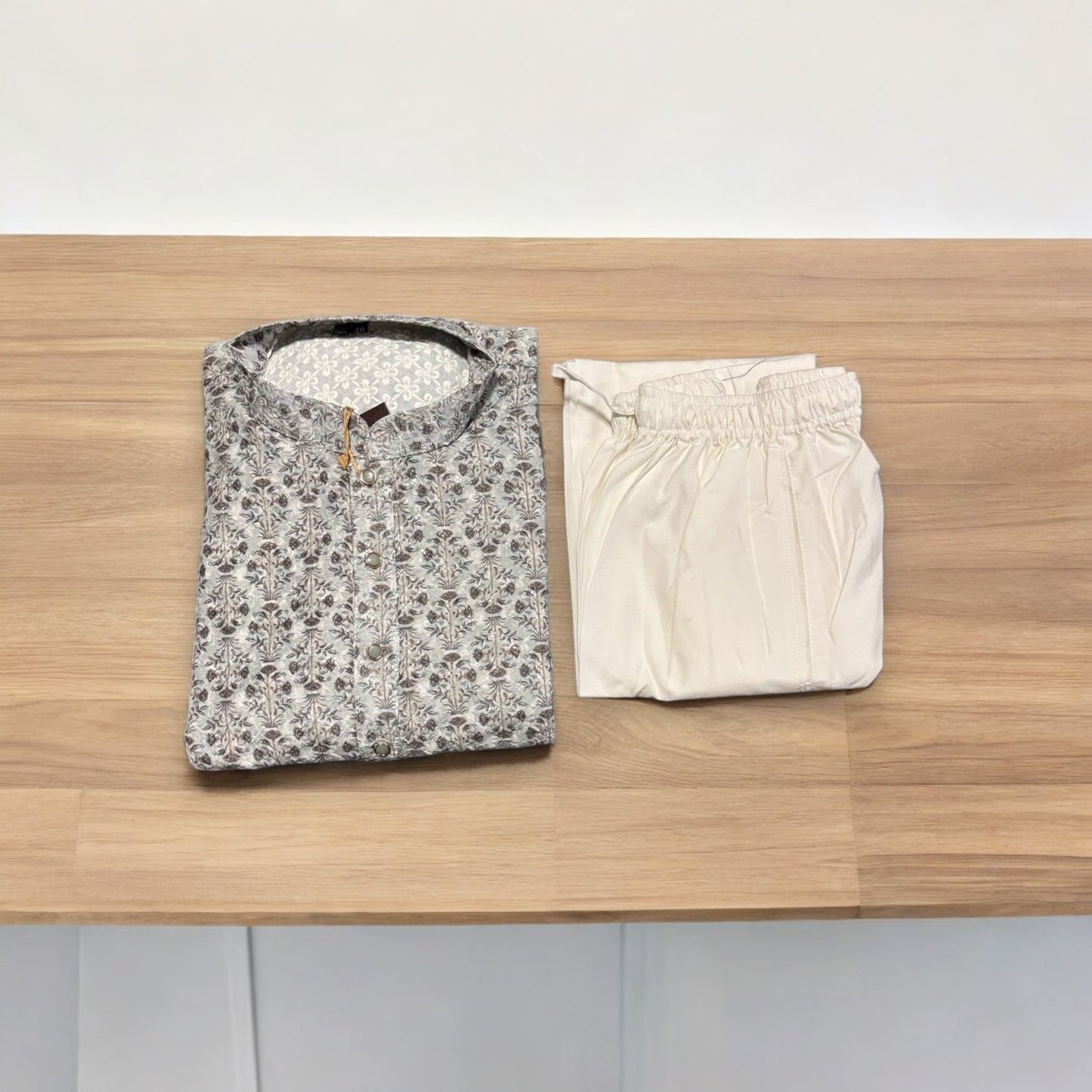 Mens Traditional Printed Work Gray Kurta Pajama- 6612